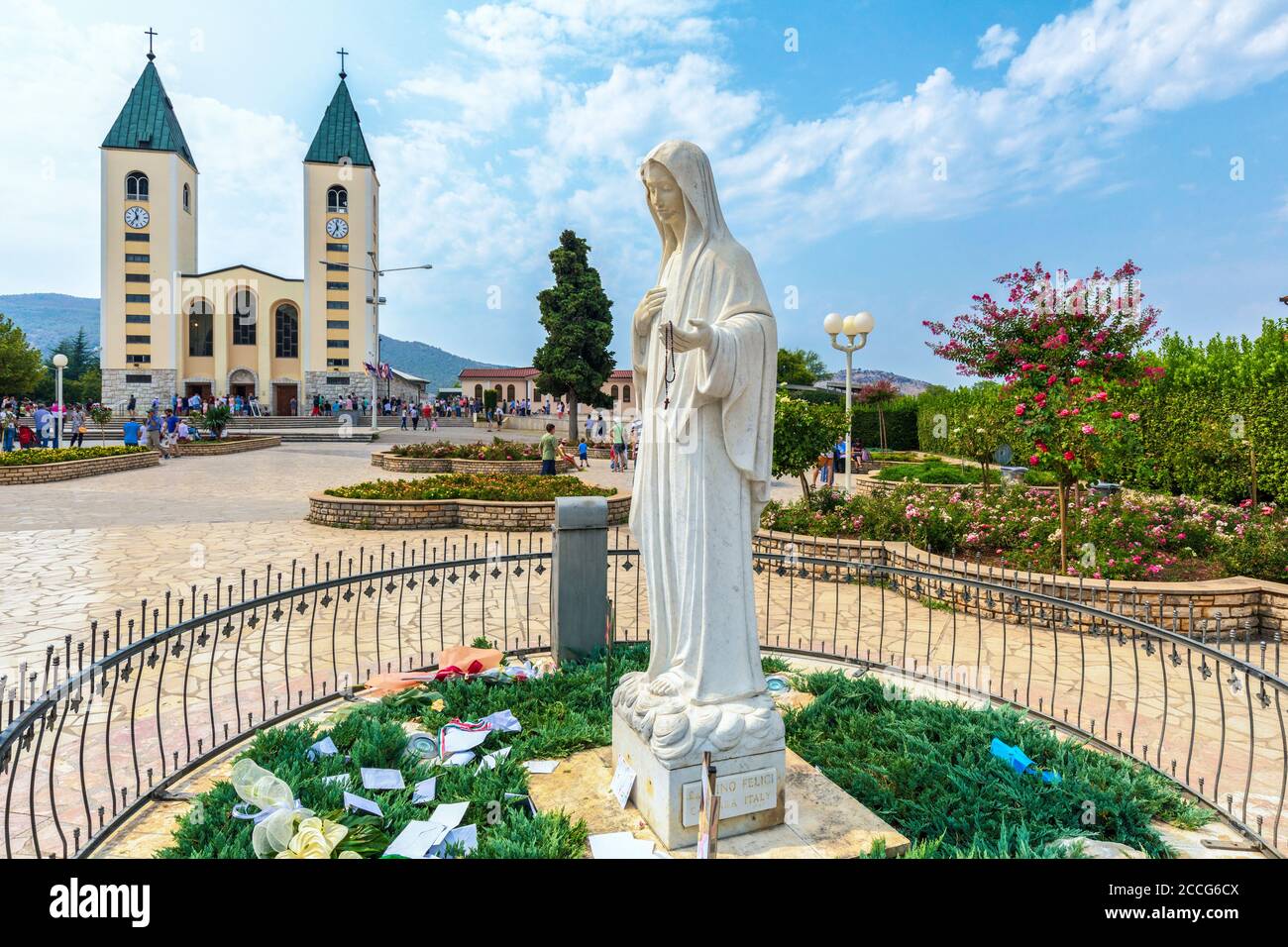 Saint James church in Medjugorje and the statue of the Virgin Mary, municipality of Citluk, Bosnia and Herzegovina Stock Photo
