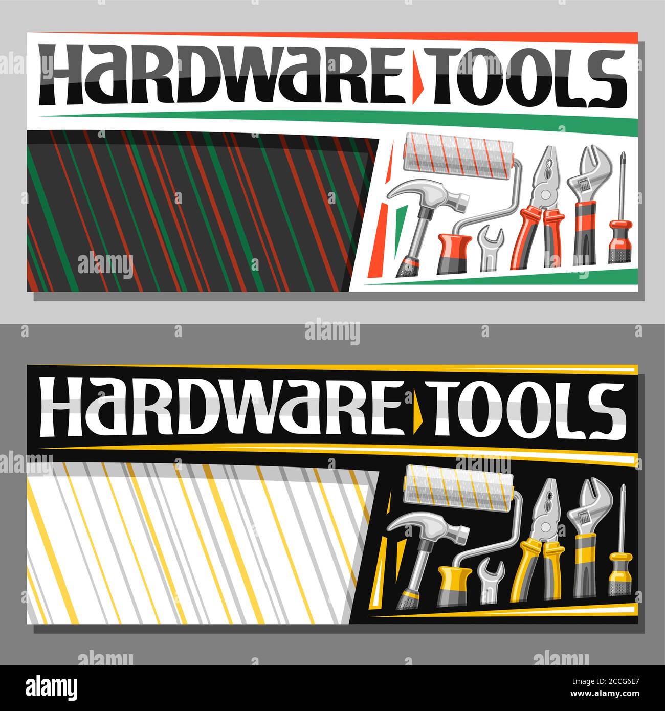 Vector layouts for Hardware Tools with copy space, decorative sign board with illustration of various professional red and yellow hardware tools for l Stock Vector