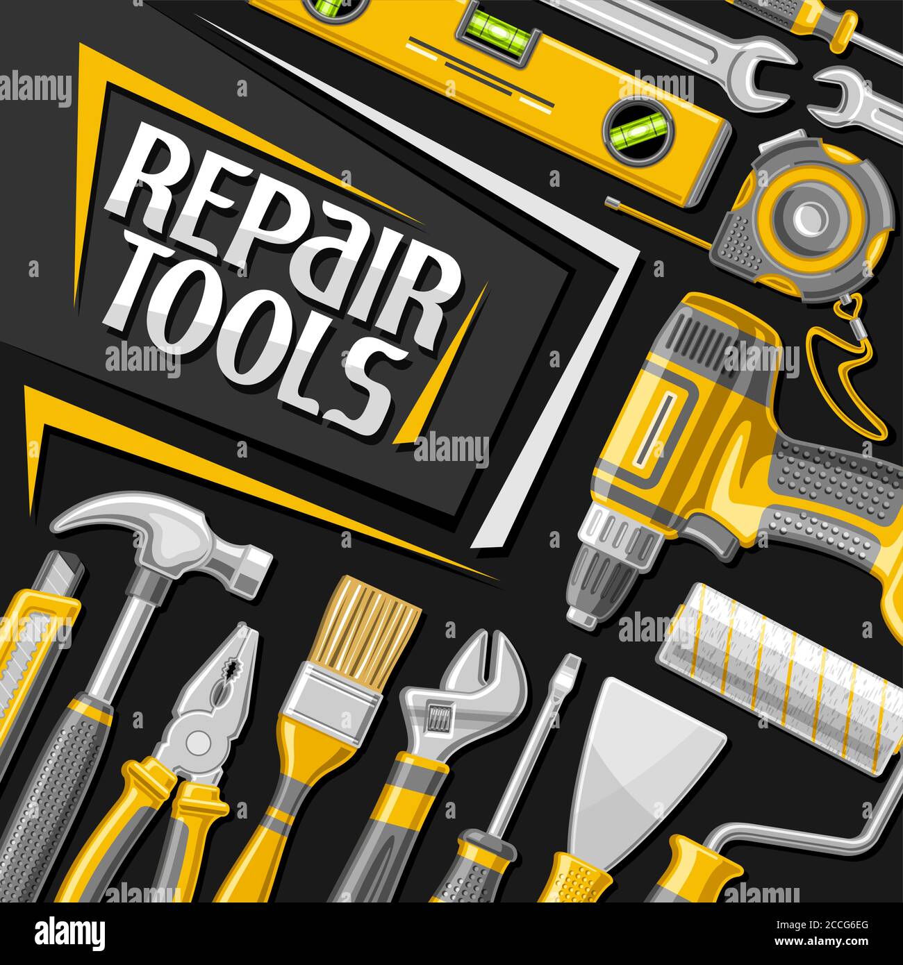 Vector poster for Repair Tools, square decorative sign board with illustration of various professional steel repair tools, art design concept with uni Stock Vector