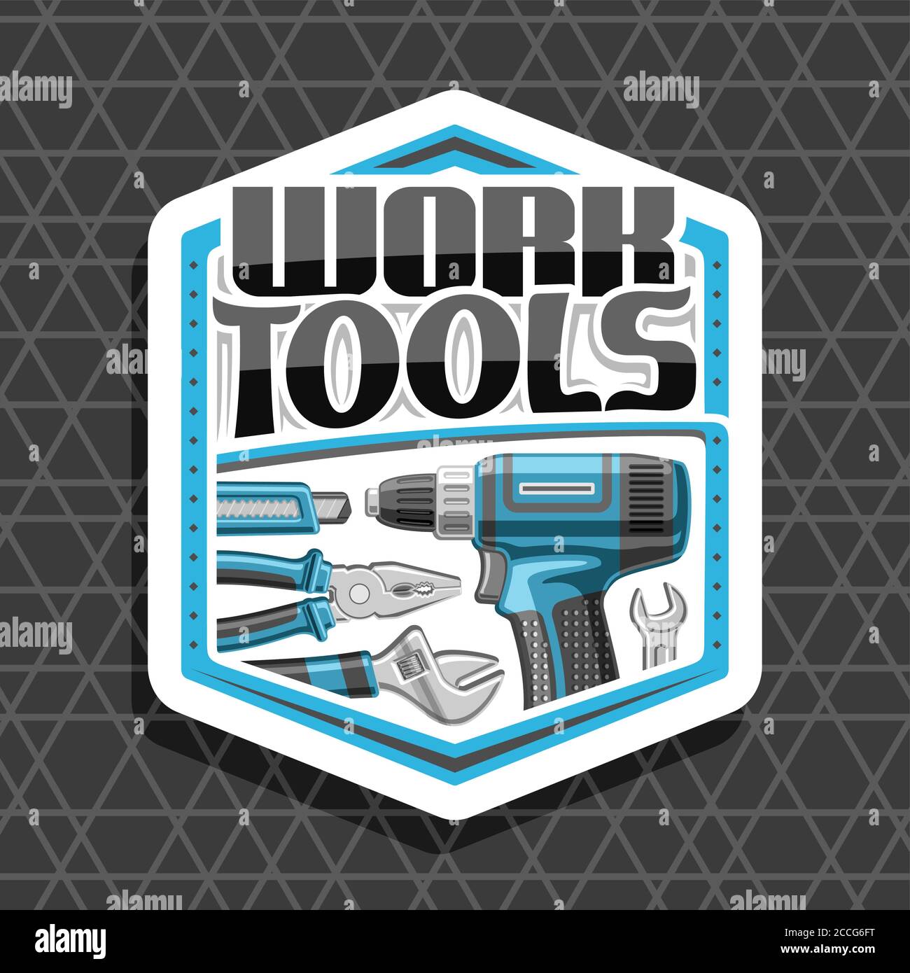 Vector logo for Work Tools, white decorative badge with illustration of various steel work tools for labor day, repair concept with unique letters for Stock Vector