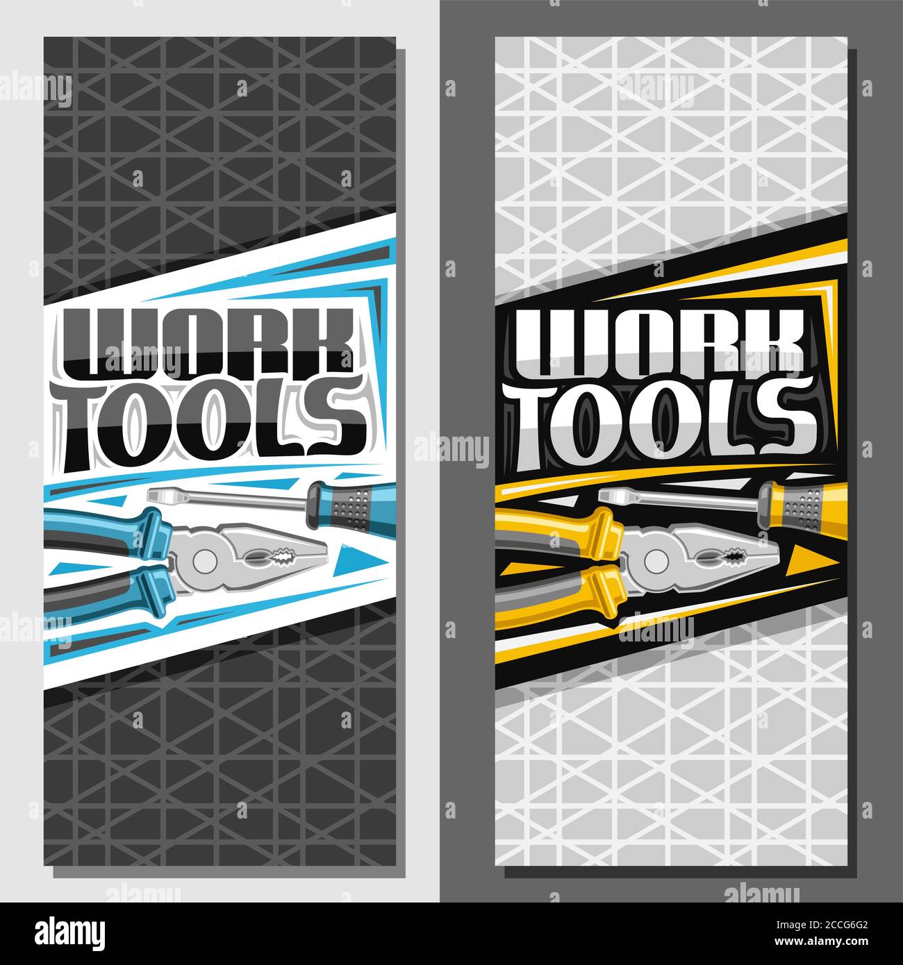 Vector layouts for Work Tools with copy space, decorative brochure with illustration of different steel work tools for labor day, vertical signboard w Stock Vector