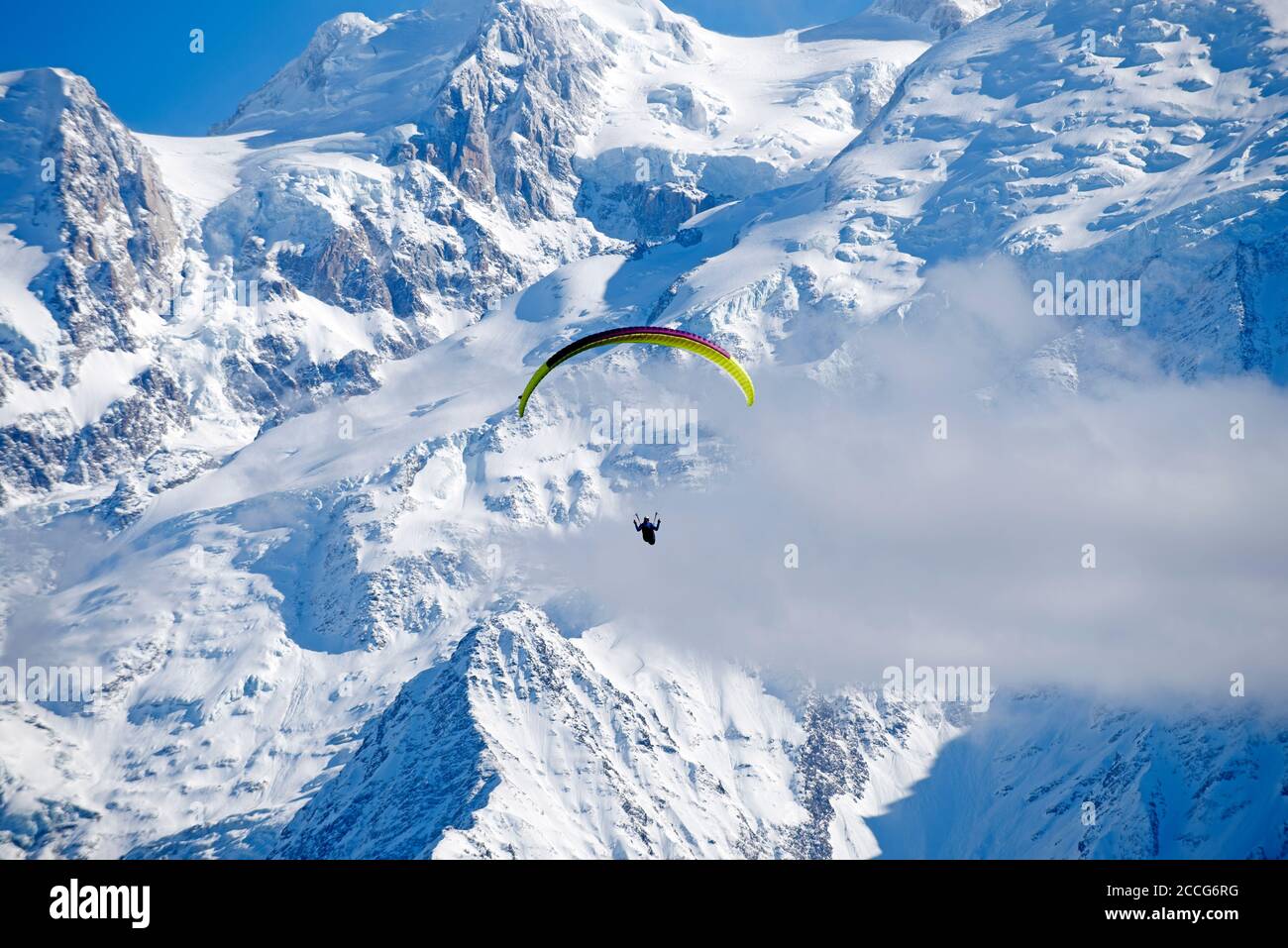 France, Haute-Savoie, Passy, Alps, paraglider, Mont Blanc moutain range Stock Photo