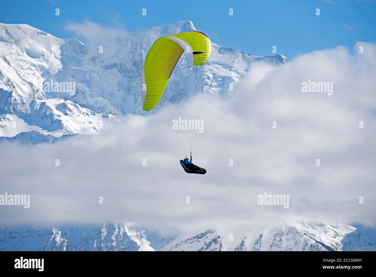 France, Haute-Savoie, Passy, Alps, paraglider, Mont Blanc moutain range Stock Photo