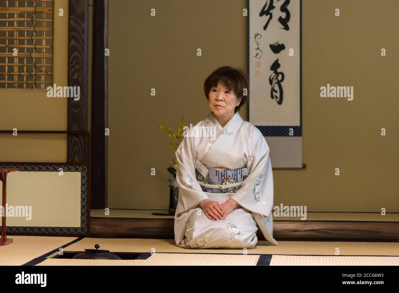 Sakai, Osaka / Japan - February 16, 2018: Japanese tea ceremony master during ceremonial preparation and presentation of powdered green tea matcha Stock Photo