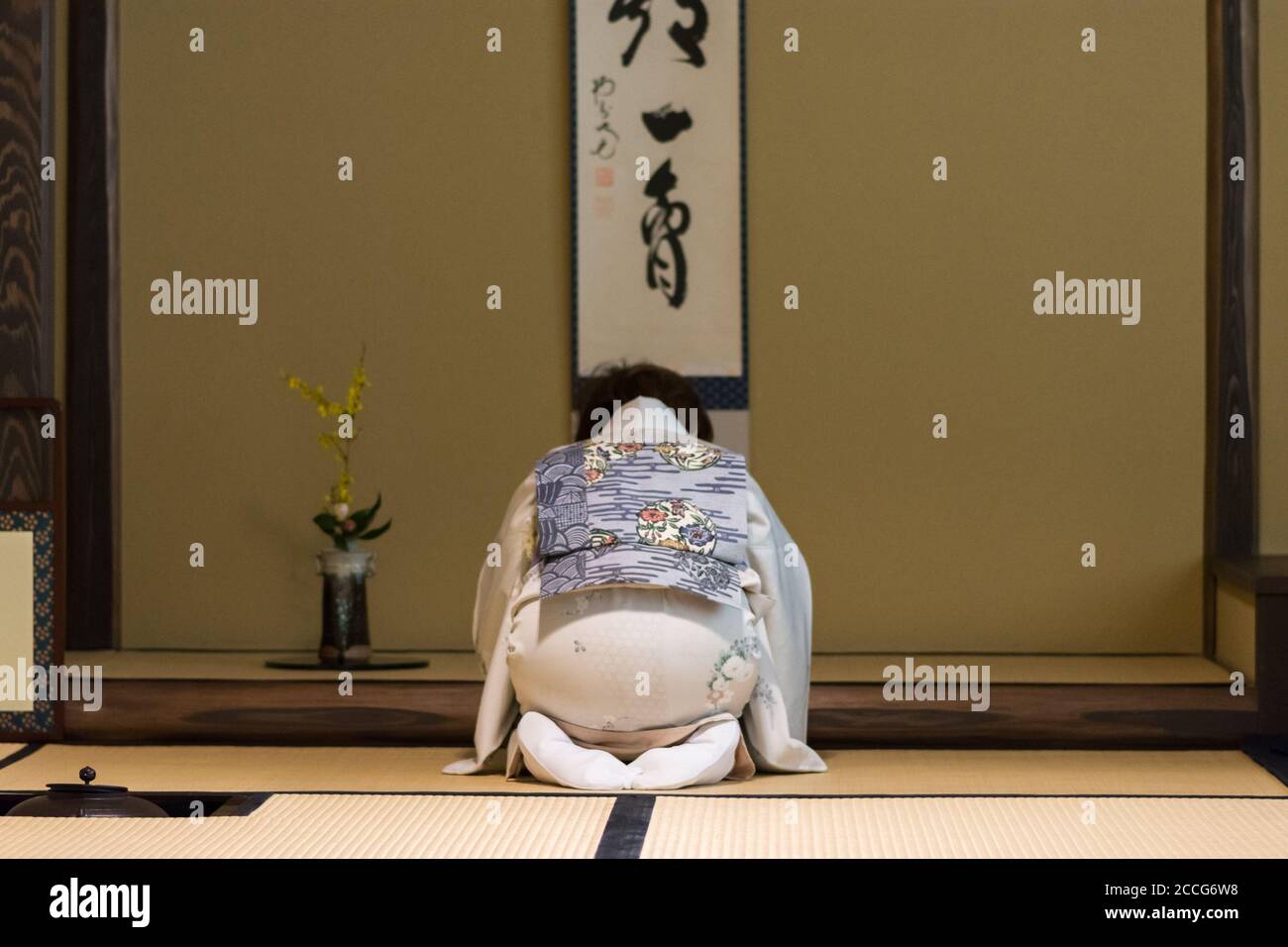Sakai, Osaka / Japan - February 16, 2018: Japanese tea ceremony master during ceremonial preparation and presentation of powdered green tea matcha Stock Photo