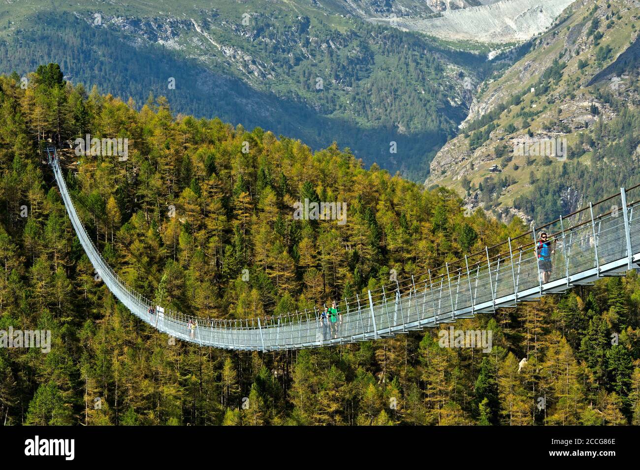 Charles Kuonen suspension bridge, longest pedestrian suspension bridge in the world, Randa, Valais, Switzerland Stock Photo