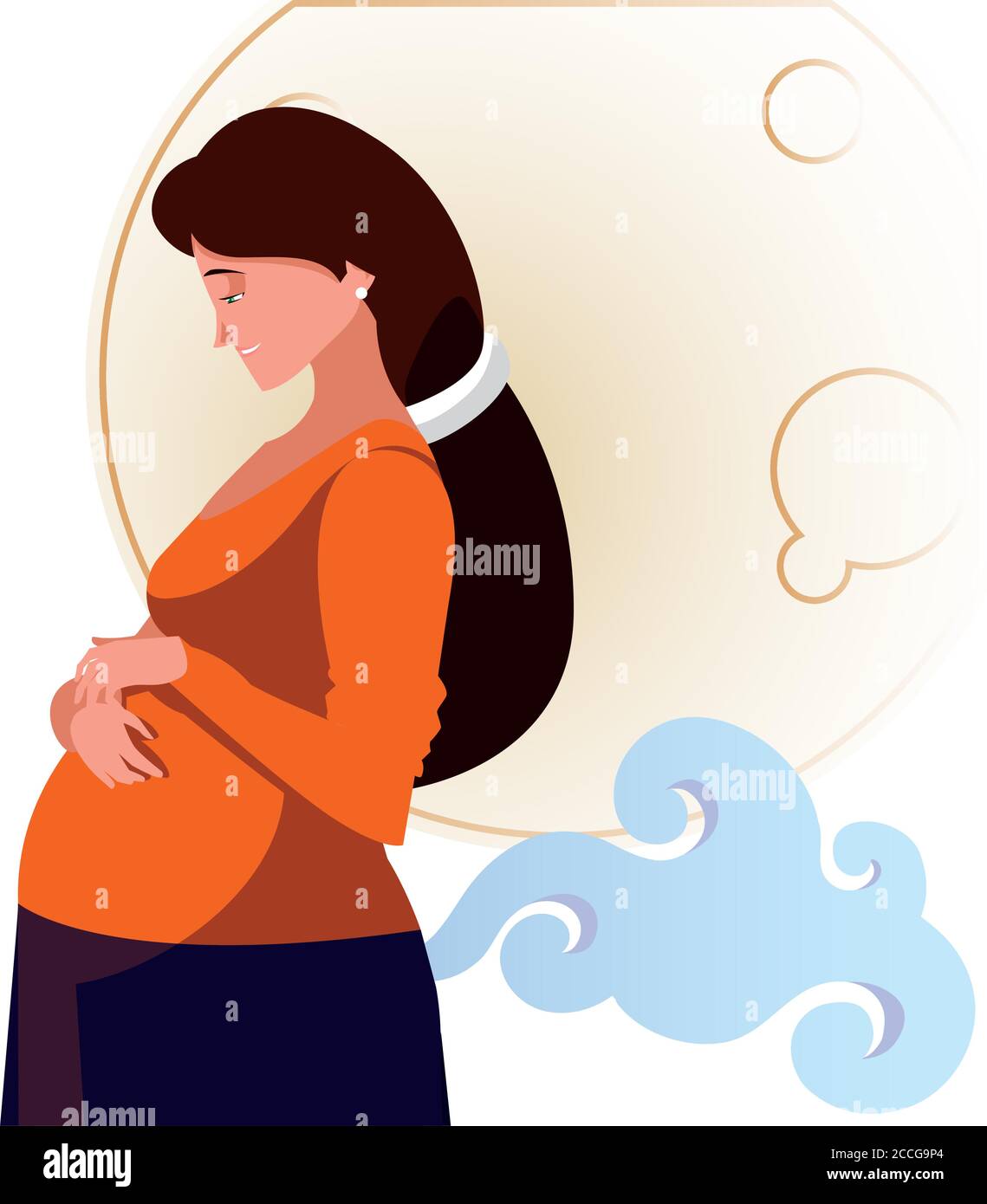 pregnant woman cartoon with moon and cloud design, Belly pregnancy