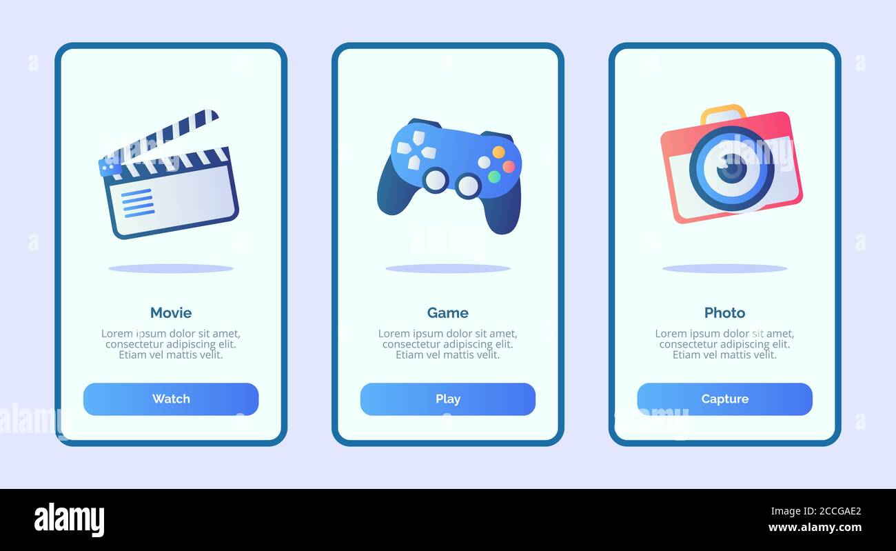 Movie Game Photo For Mobile Apps Template Banner Page Ui With Three Variations Modern Flat Color Style Stock Vector Image Art Alamy Movie Game Photo For Mobile Apps Template Banner Page Ui With Three Variations Modern Flat Color Style Stock Vector Image Art Alamy