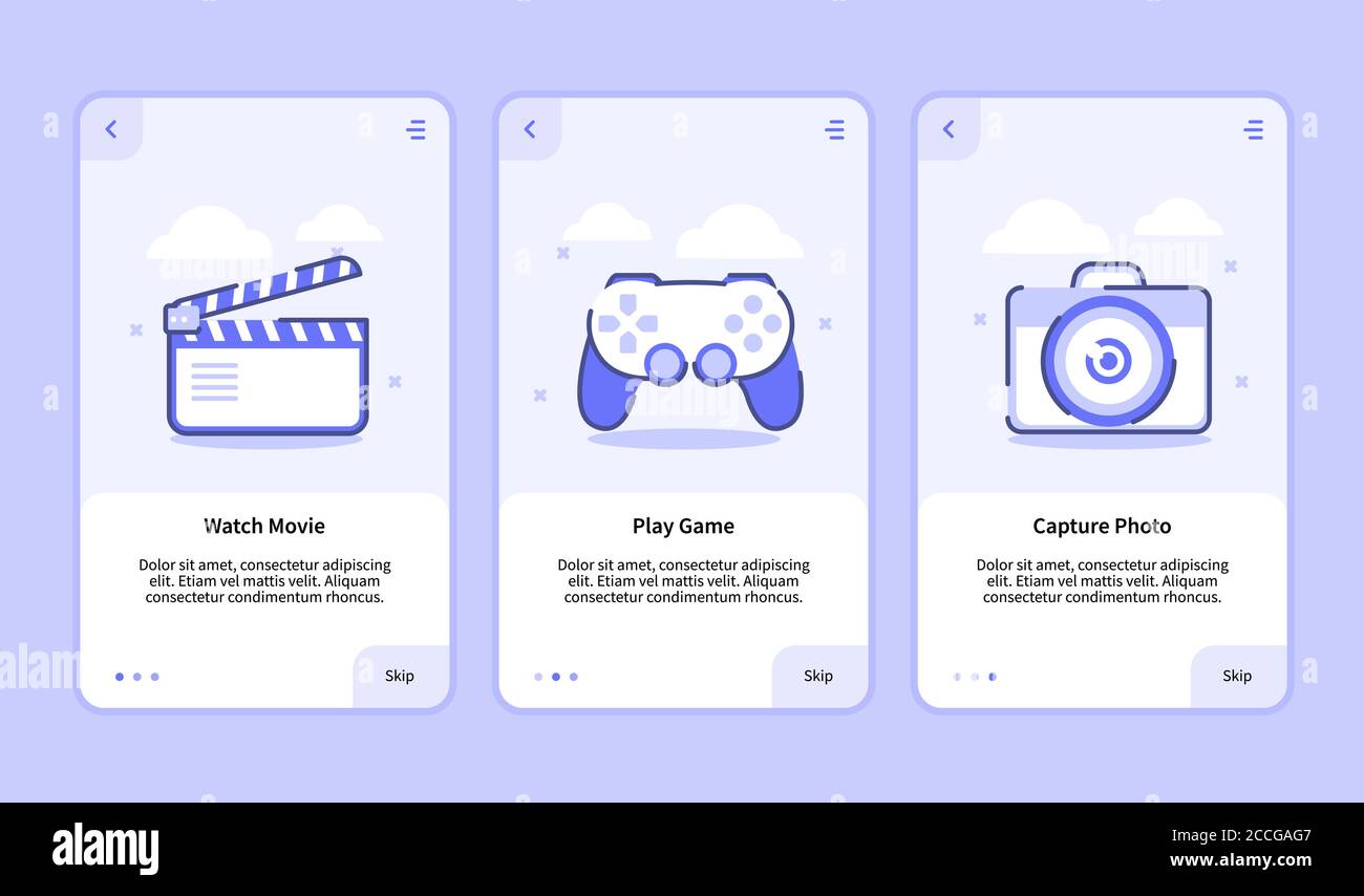Watch Movie Play Game Capture Photo For Mobile Apps Template Banner Page Ui With Three Variations Modern Flat Outline Style Stock Vector Image Art Alamy Watch Movie Play Game Capture Photo For Mobile Apps Template Banner Page Ui With Three Variations Modern Flat Outline Style Stock Vector Image Art Alamy