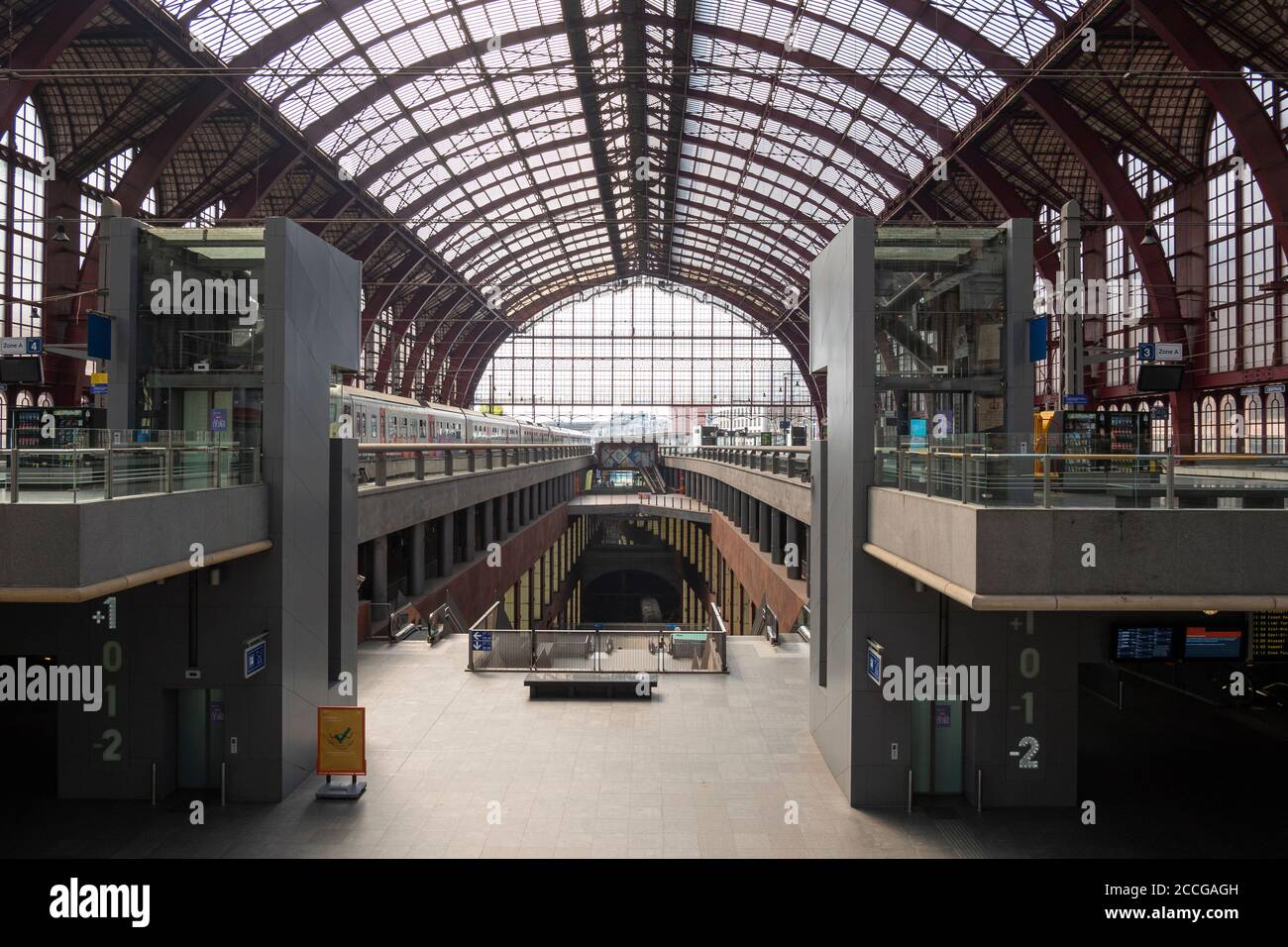 Antwerp, Belgium, August 16, 2020, Overview of the platform and lifts in the central station Stock Photo