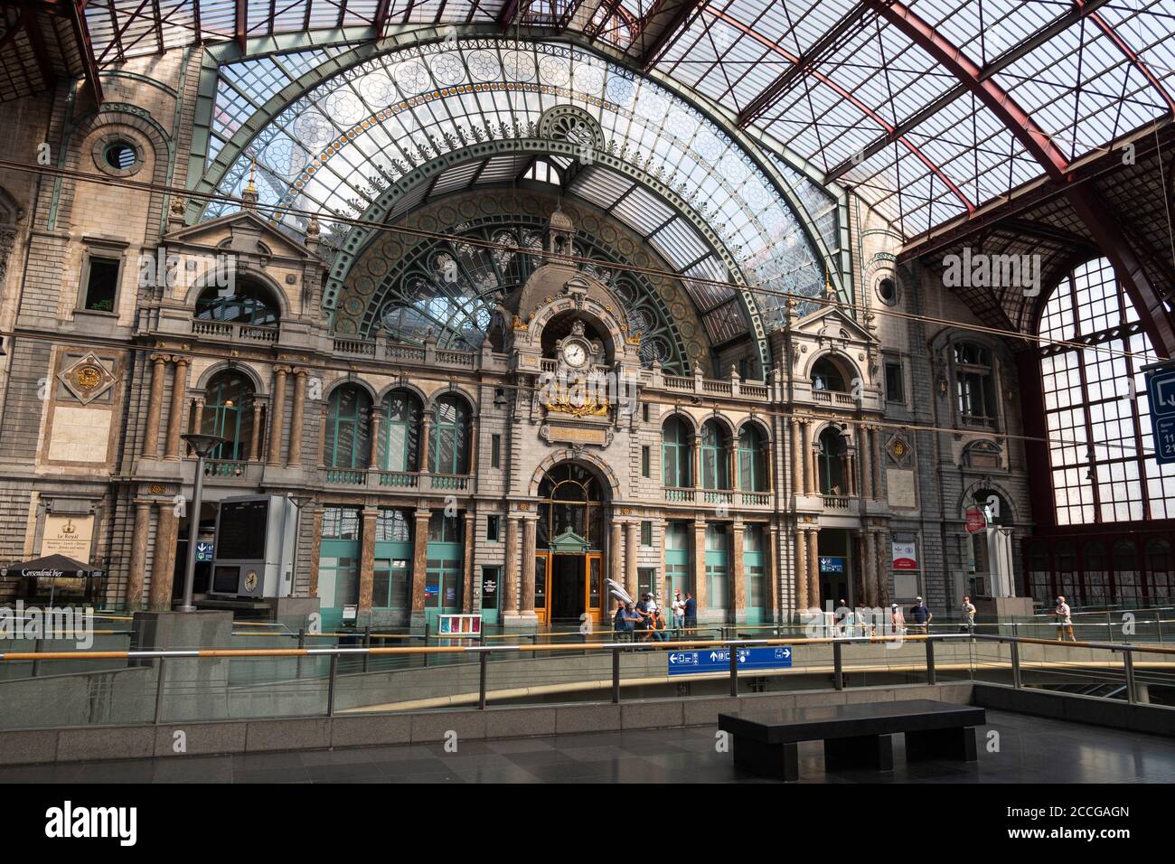 Antwerp, Belgium, August 16, 2020, Platform of the central station with a view of the famous clock Stock Photo