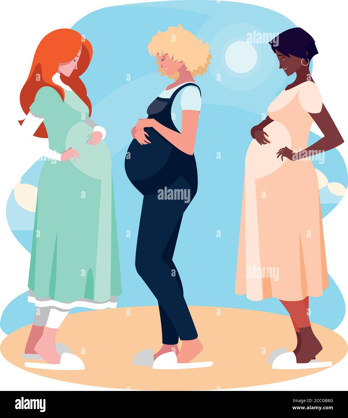 three pregnant women cartoons in front of sun and clouds design