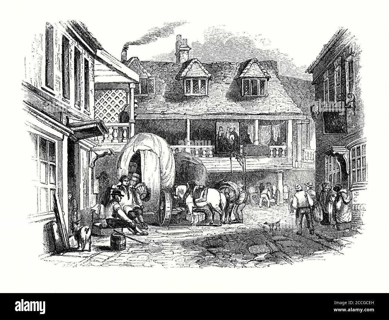 An old engraving of 'The Tabard' (or ‘Talbot’) in the late 1700s. Bedding is aired upstairs. Goods are loaded onto waggons. The inn stood in Borough High St, Southwark, London, England, UK. It was established in 1307 and was on the coach route south from London. The Tabard accommodated people who made the pilgrimage to Canterbury Cathedral (Chaucer mentions it in 'The Canterbury Tales'). In 1676 fire destroyed the inn. It was rebuilt and renamed The Talbot. It profited from the growth in stagecoach traffic between London and the channel ports. It was demolished in 1873. Stock Photo