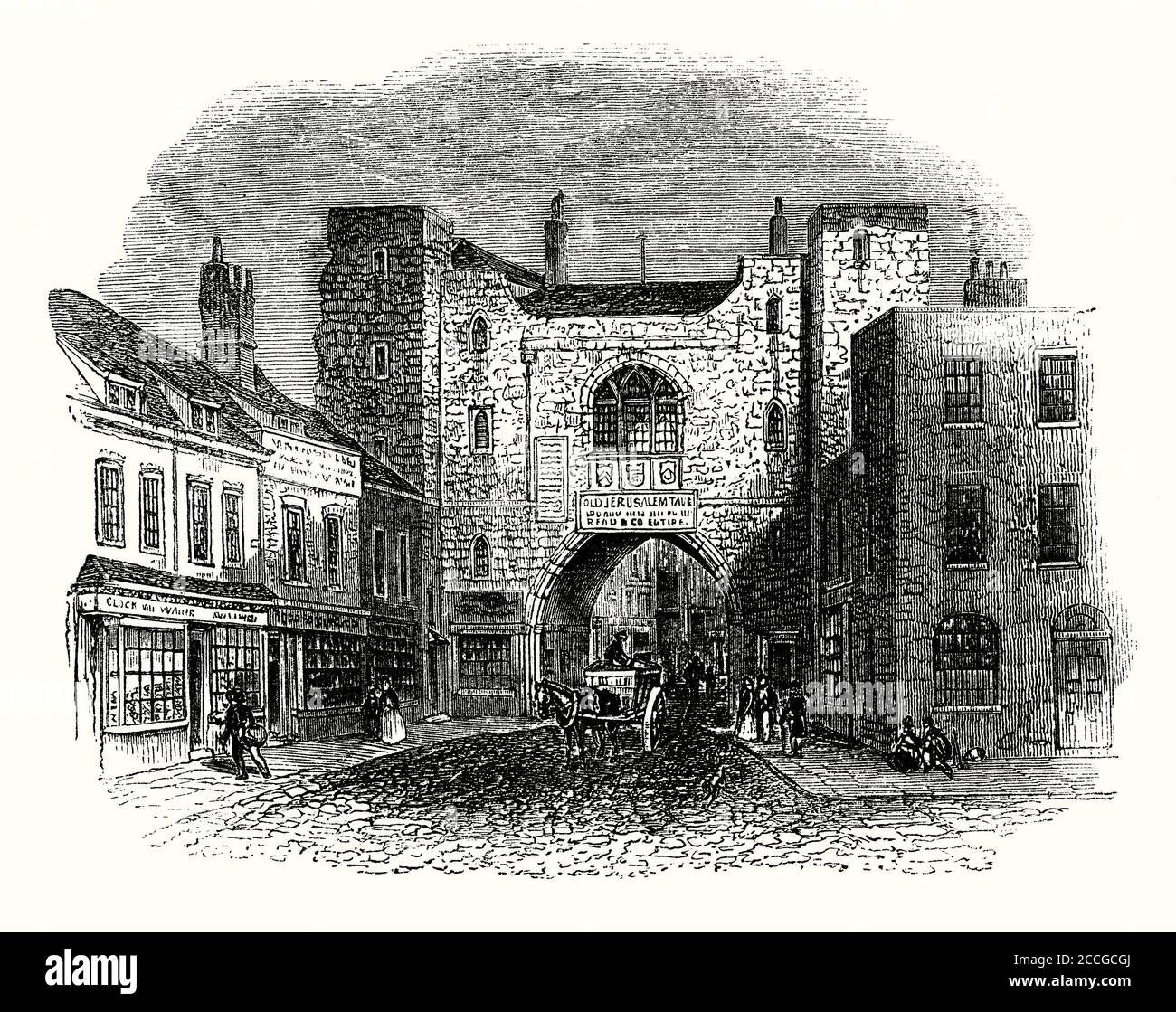 An old engraving of St John's Gate, located in St John’s Lane, Clerkenwell, Middlesex (now within central London), England, UK. It was built in 1504 by Prior Thomas Docwra as the south entrance to the inner precinct of Clerkenwell Priory, the English headquarters of the Knights of the Order of St John (known as the Knights Hospitaller). Heavily restored in the 19th century, the Gate standing today is mainly a Victorian recreation. The Museum of the Order of St John is housed within St John’s Gate. Stock Photo
