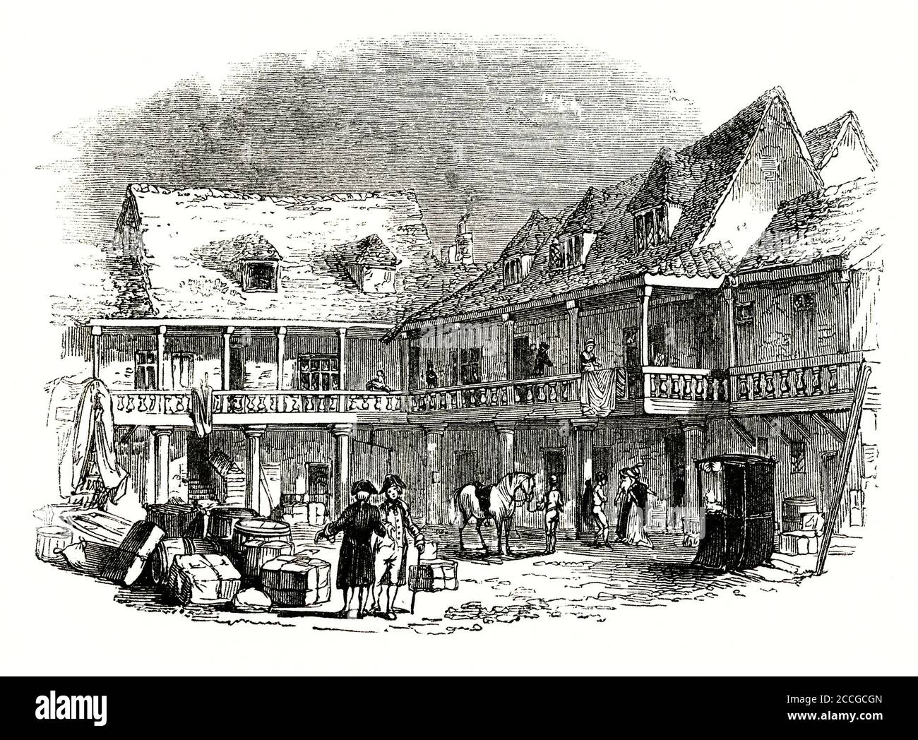 An old engraving of the courtyard of 'The Tabard' (or ‘Talbot’) in the late 1700s. Bedding is aired upstairs. Luggage lies in the courtyard. The inn stood in Borough High St, Southwark, London, England, UK. It was established in 1307 and was on the coach route south from London. The Tabard accommodated people who made the pilgrimage to Canterbury Cathedral (Chaucer mentions it in 'The Canterbury Tales'). In 1676 fire destroyed the inn. It was rebuilt and renamed The Talbot. It profited from the growth in stagecoach traffic between London and the channel ports. It was demolished in 1873. Stock Photo