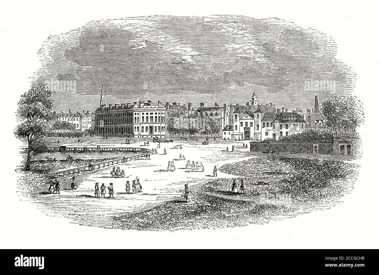 An old engraving of St James's Park and Horse Guards Parade, London, England, UK c. 1750. Horse Guards Parade is the ceremonial parade ground in St James's Park and is now the scene of Trooping the Colour on the monarch's official birthday. Horse Guards is the building with the clock tower over an archway (centre right). It is the official entrance to St James's and Buckingham Palace. Horse Guards dates from the 1700s and was designed by William Kent, Chief Architect to George II. The building was once the Headquarters of the British Army. Stock Photo