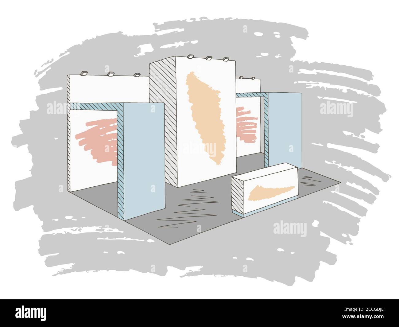 Exhibition stand graphic interior color sketch illustration vector Stock Vector