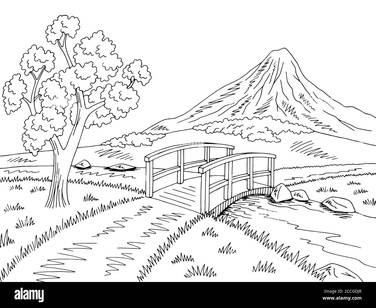 Mountain river bridge graphic black white landscape sketch illustration vector Stock Vector