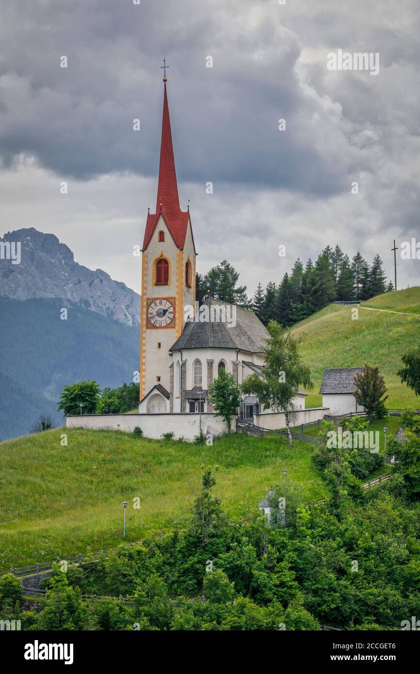 parish churc of Prato alla Drava-Winnebach in the municipality of  San Candido-Innichen, Val Pusteria-Pustertal, Bolzano, South Tyrol, Italy Stock Photo