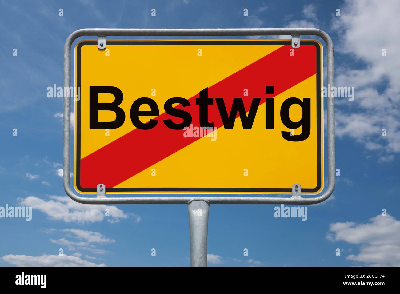 Ortstafel Bestwig, Nordrhein-Westfalen, Deutschland | Place name sign Bestwig, North Rhine-Westphalia, Germany, Europe Stock Photo