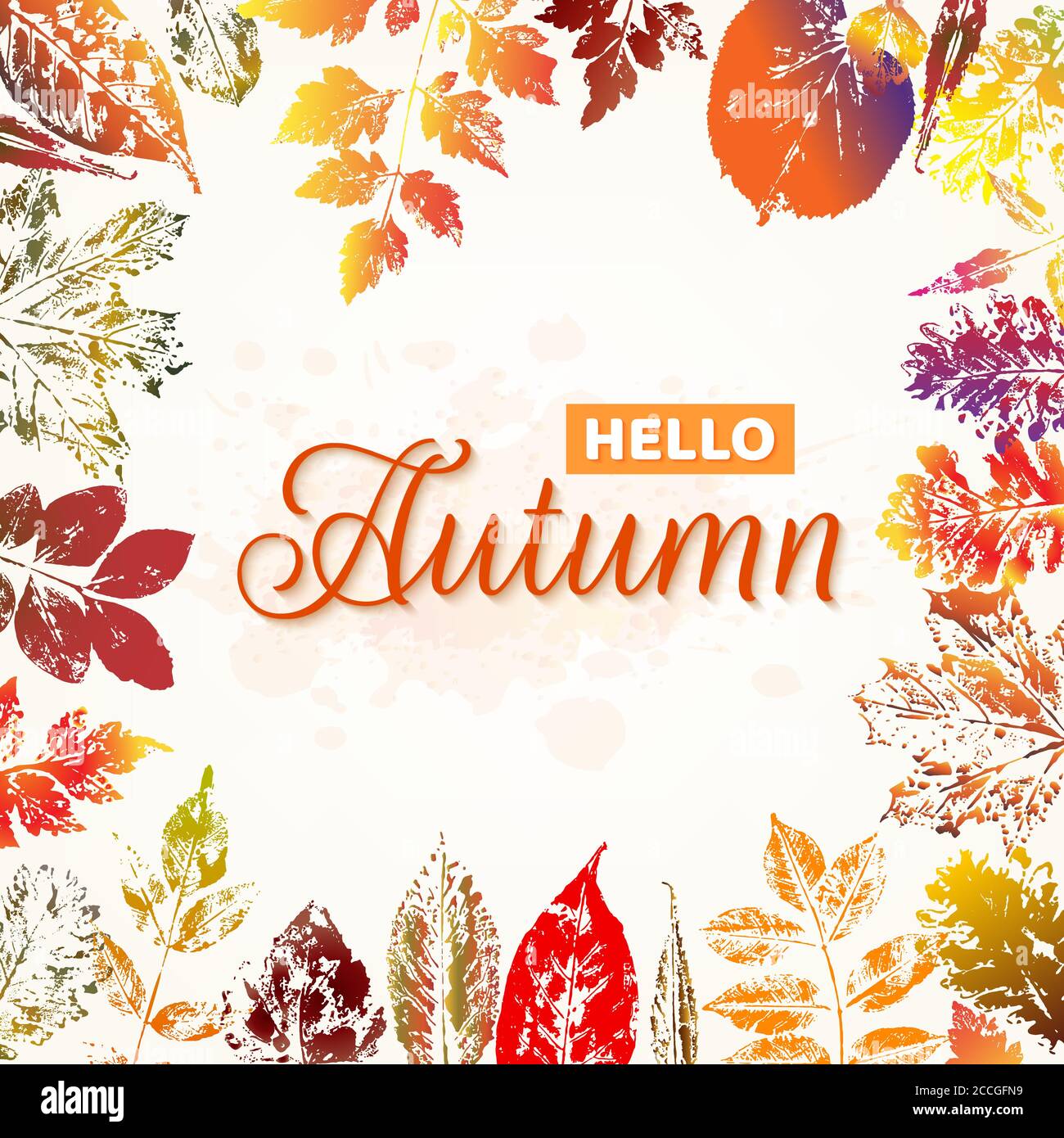 Hello autumn nature background with colorful leaves imprints. Vector illustration Stock Vector