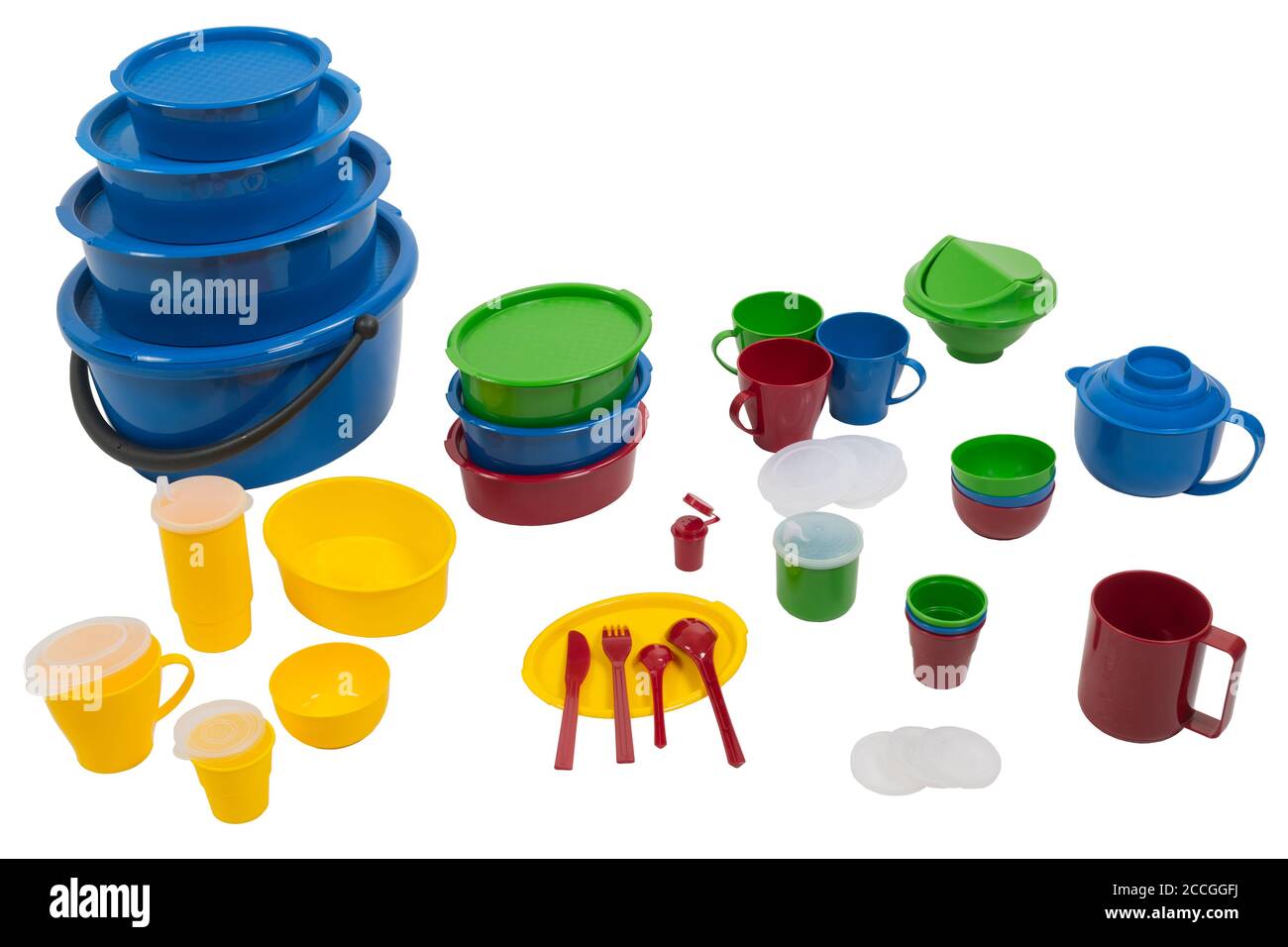 Dishes for food, sets of multi-colored plastic on a white isolated ...