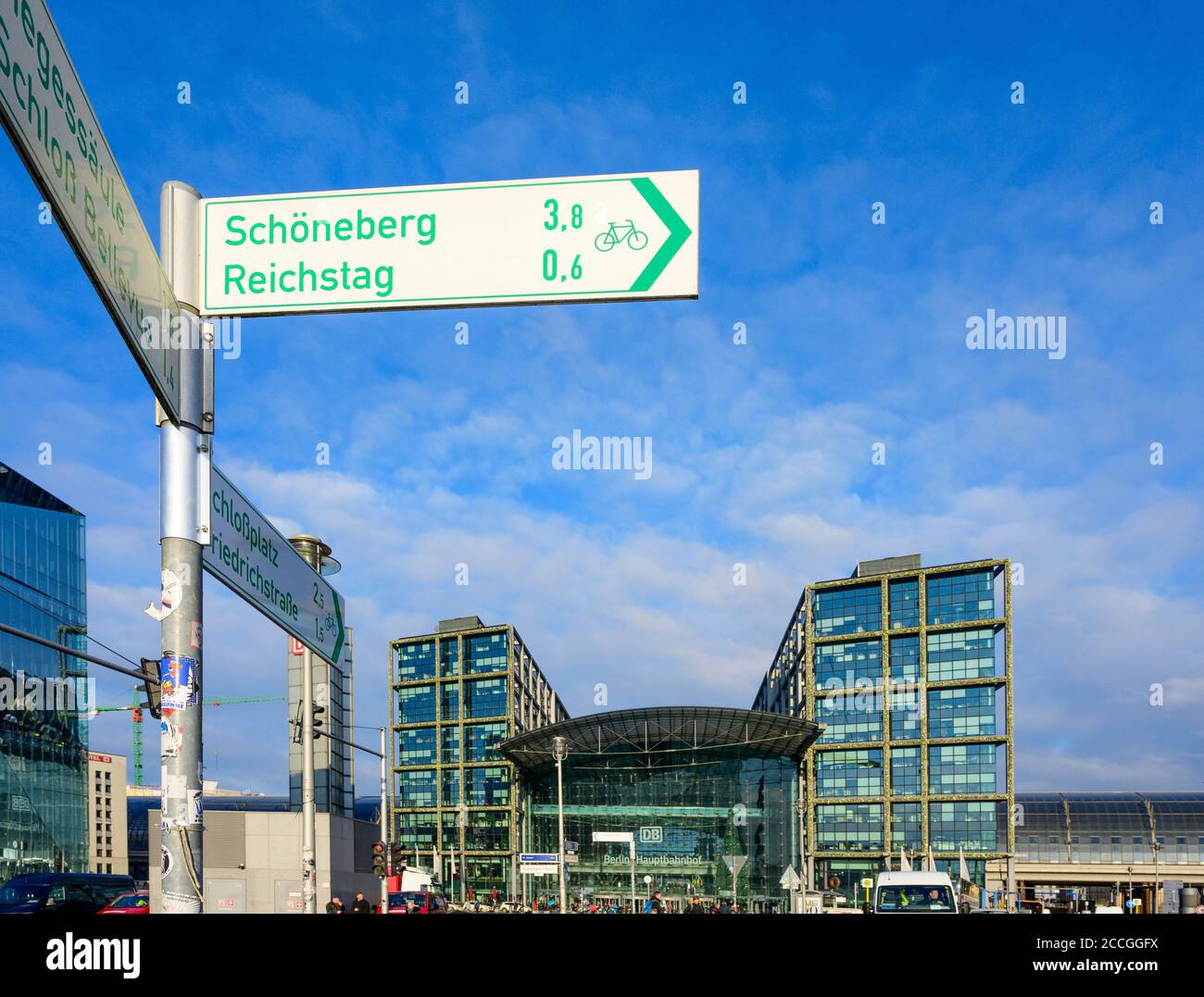 Germany, Berlin, sign tree with bike paths at the main train station. Stock Photo