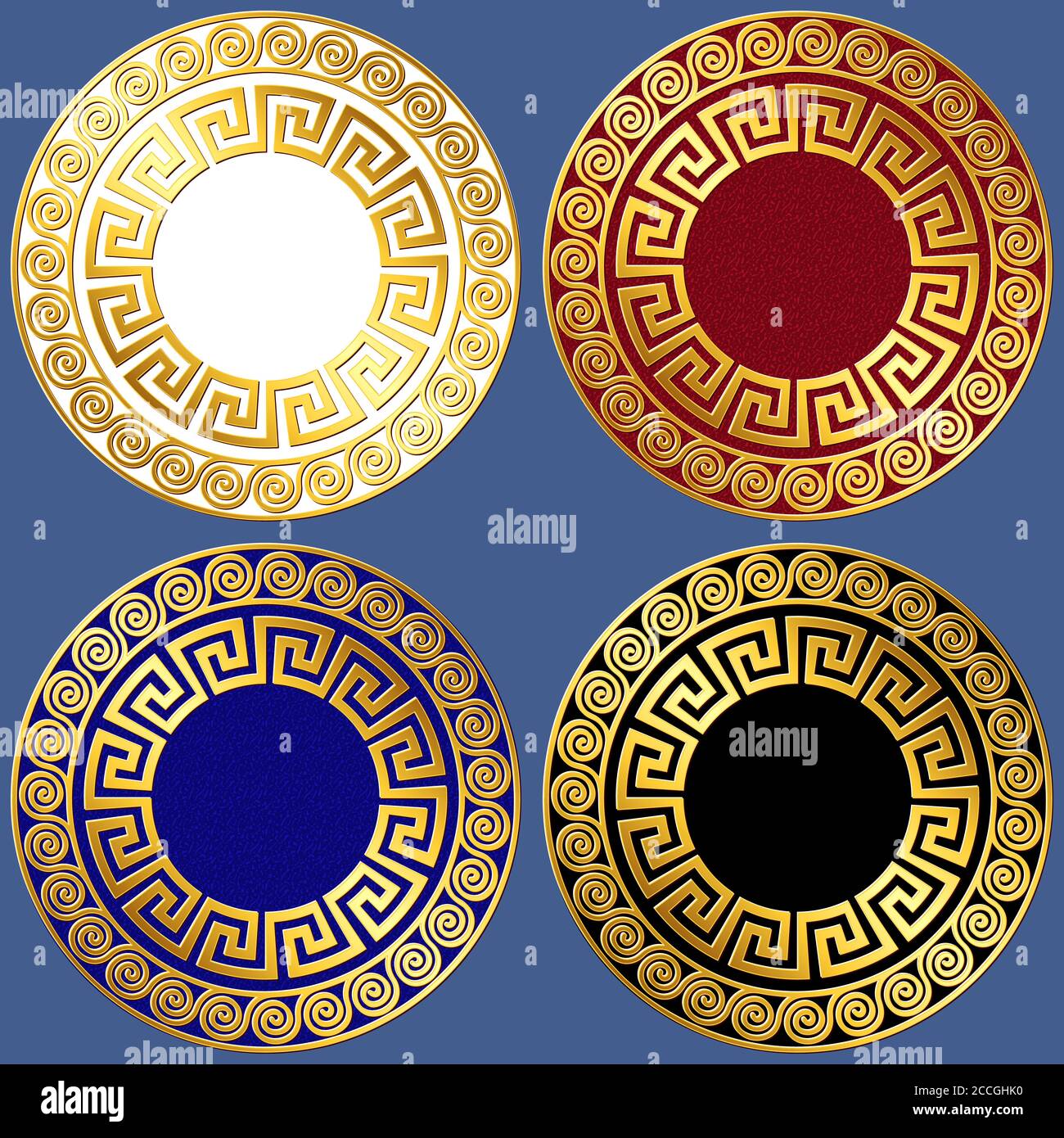 Set of Gold circle Greek ornament, Meander pattern, on black, white, red and blue background Stock Vector