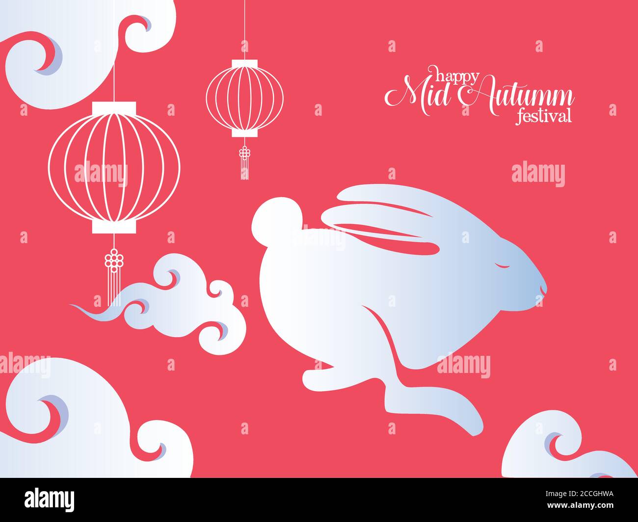 white rabbit with lanterns and clouds design, Happy mid autumn harvest ...