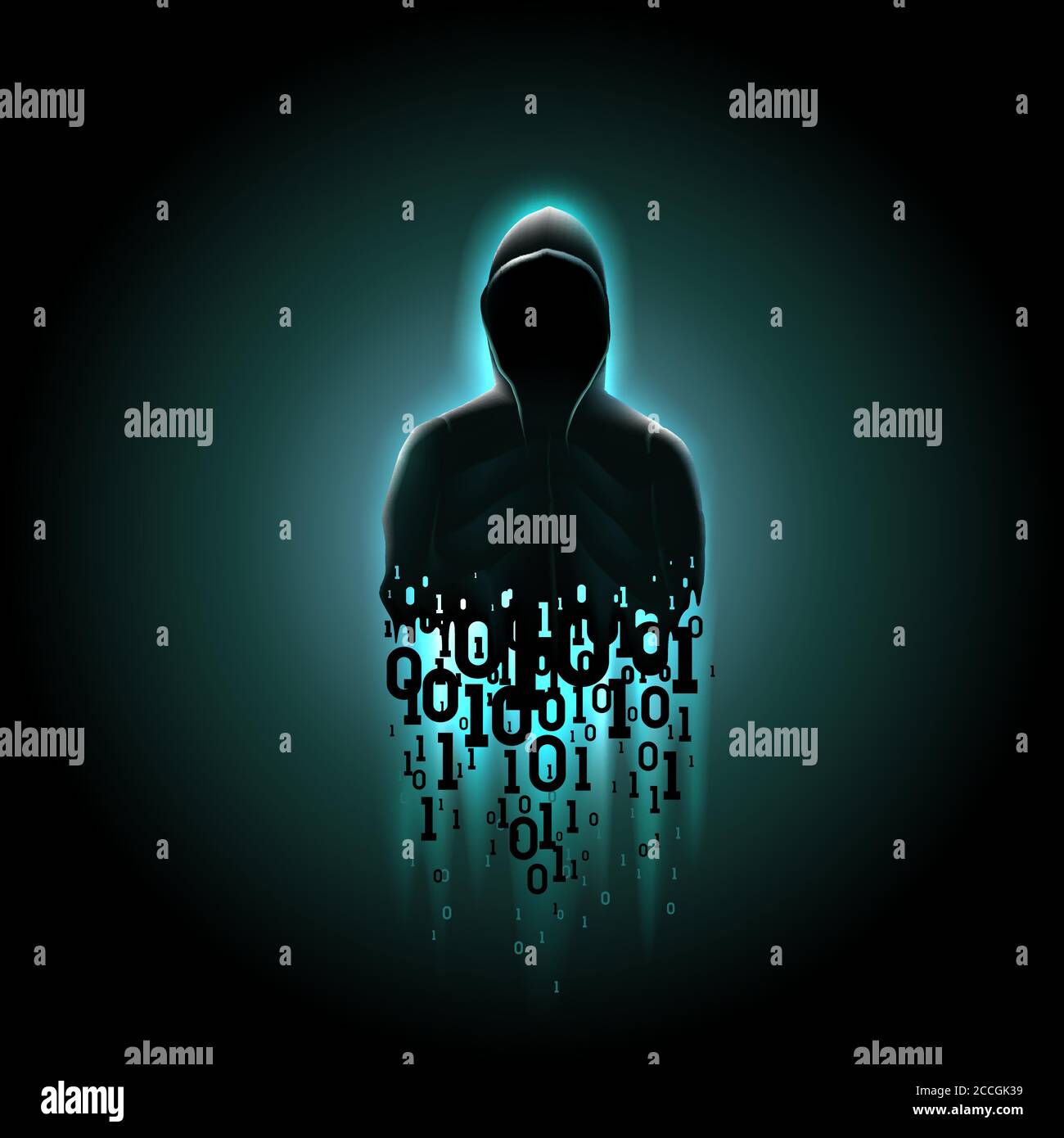 Silhouette of a hacker in a hood with binary code on a luminous blue ...