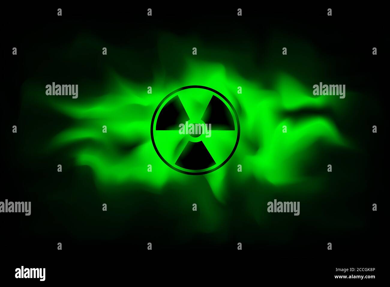 Radiation sign on background of polluted green fog.The spread