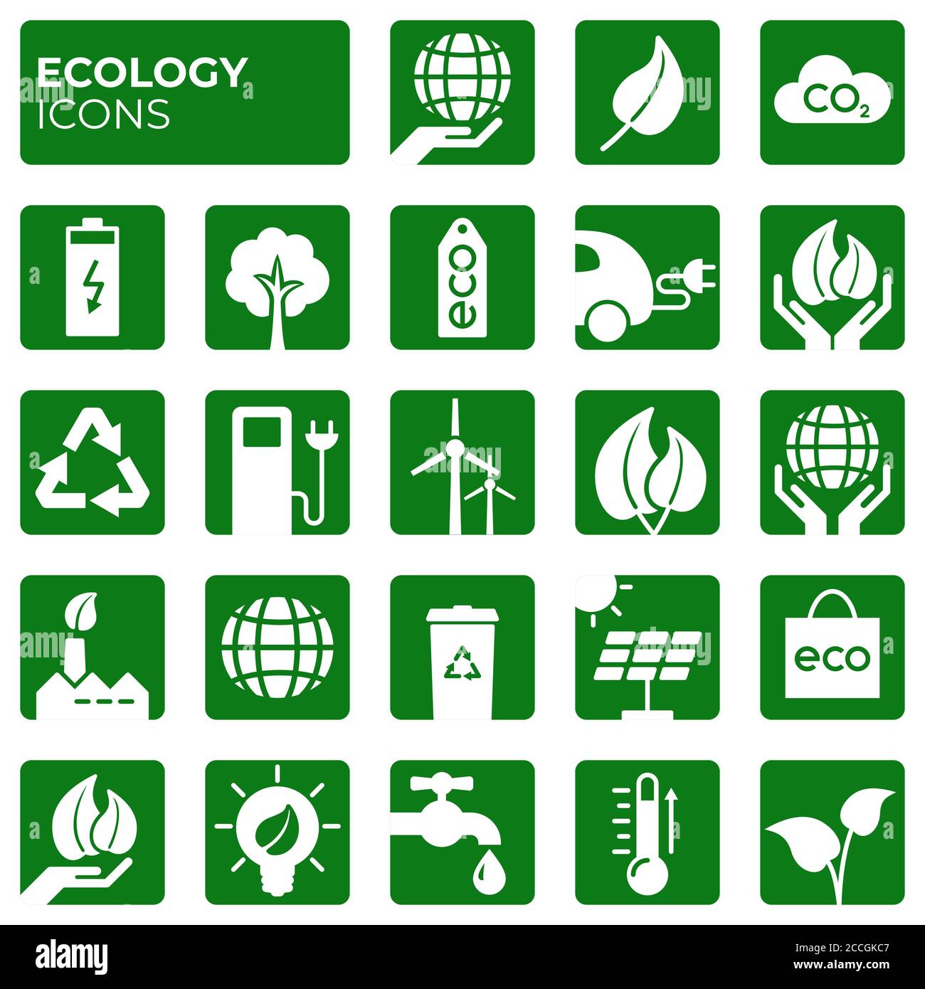 Ecology icons set. Environment protection. Alternative renewable energy. Global warming. Decarbonation. Eco friendly block flat sign collection. Vecto Stock Vector
