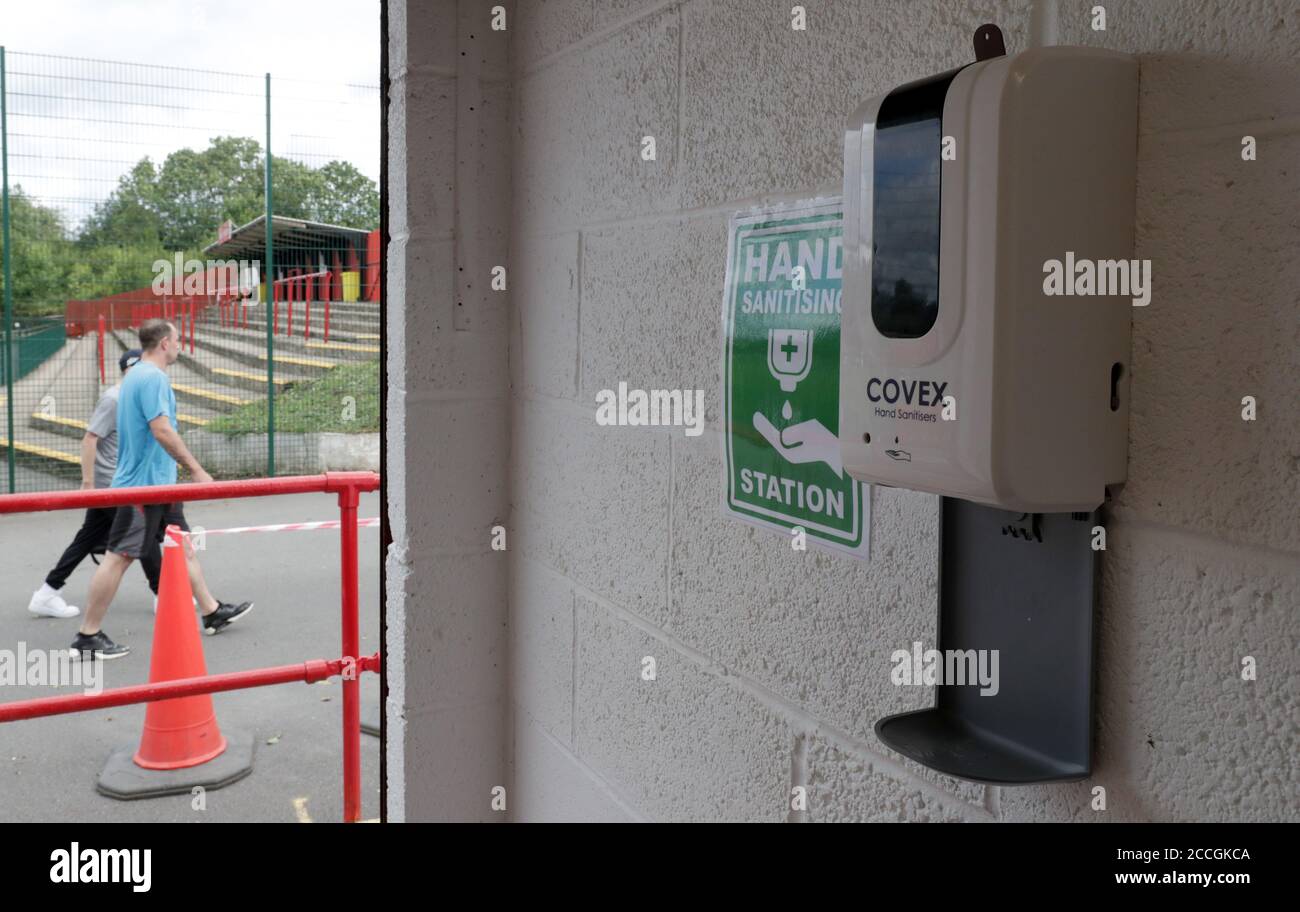 Hand sanitisers at the entrances of the Trico Stadium, Redditch. Stock Photo