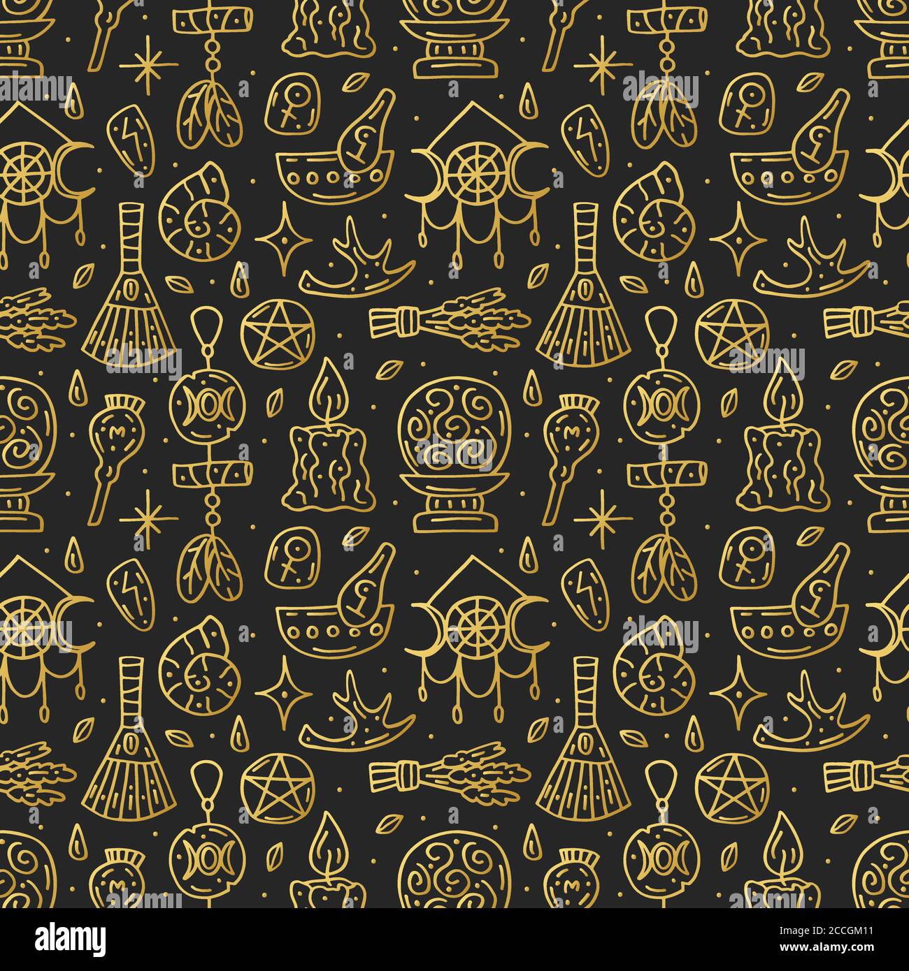 Witchcraft cute vector doodle hand drawn seamless pattern, background, texture. Isolated on dark background. Different magic tools, equipment. Alchemi Stock Vector