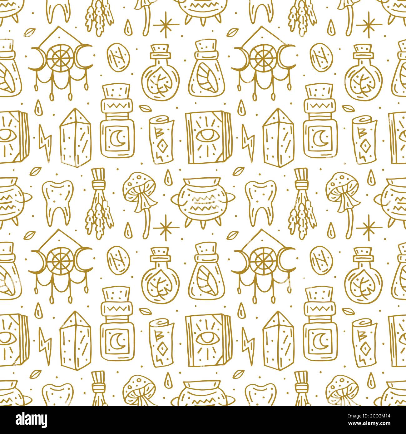 Witchcraft cute vector doodle hand drawn seamless pattern, background, texture. Isolated on white background. Different magic tools, equipment. Alchem Stock Vector