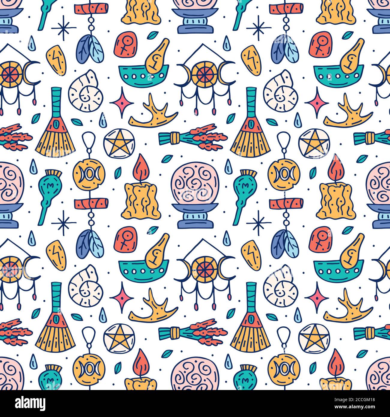 Witchcraft cute vector doodle hand drawn seamless pattern, background, texture. Isolated on white background. Different magic tools, equipment. Alchem Stock Vector