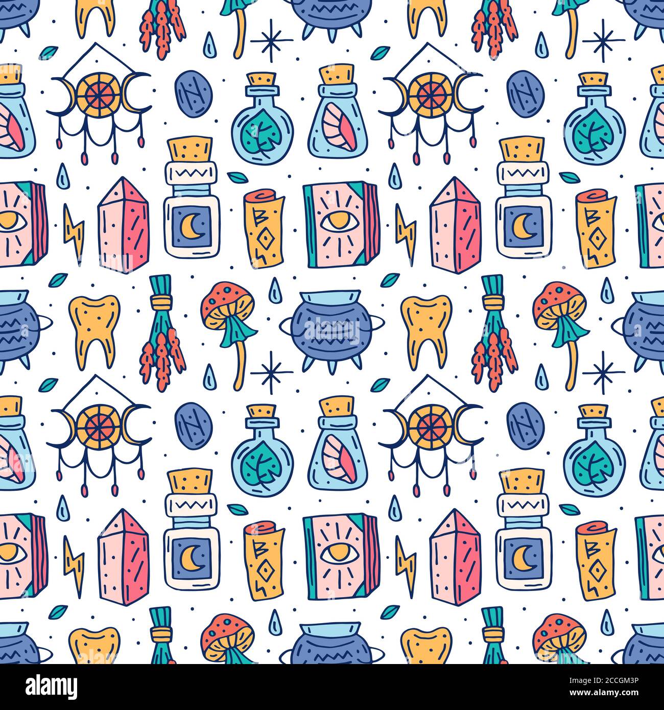 Witchcraft cute vector doodle hand drawn seamless pattern, background, texture. Isolated on white background. Different magic tools, equipment. Alchem Stock Vector