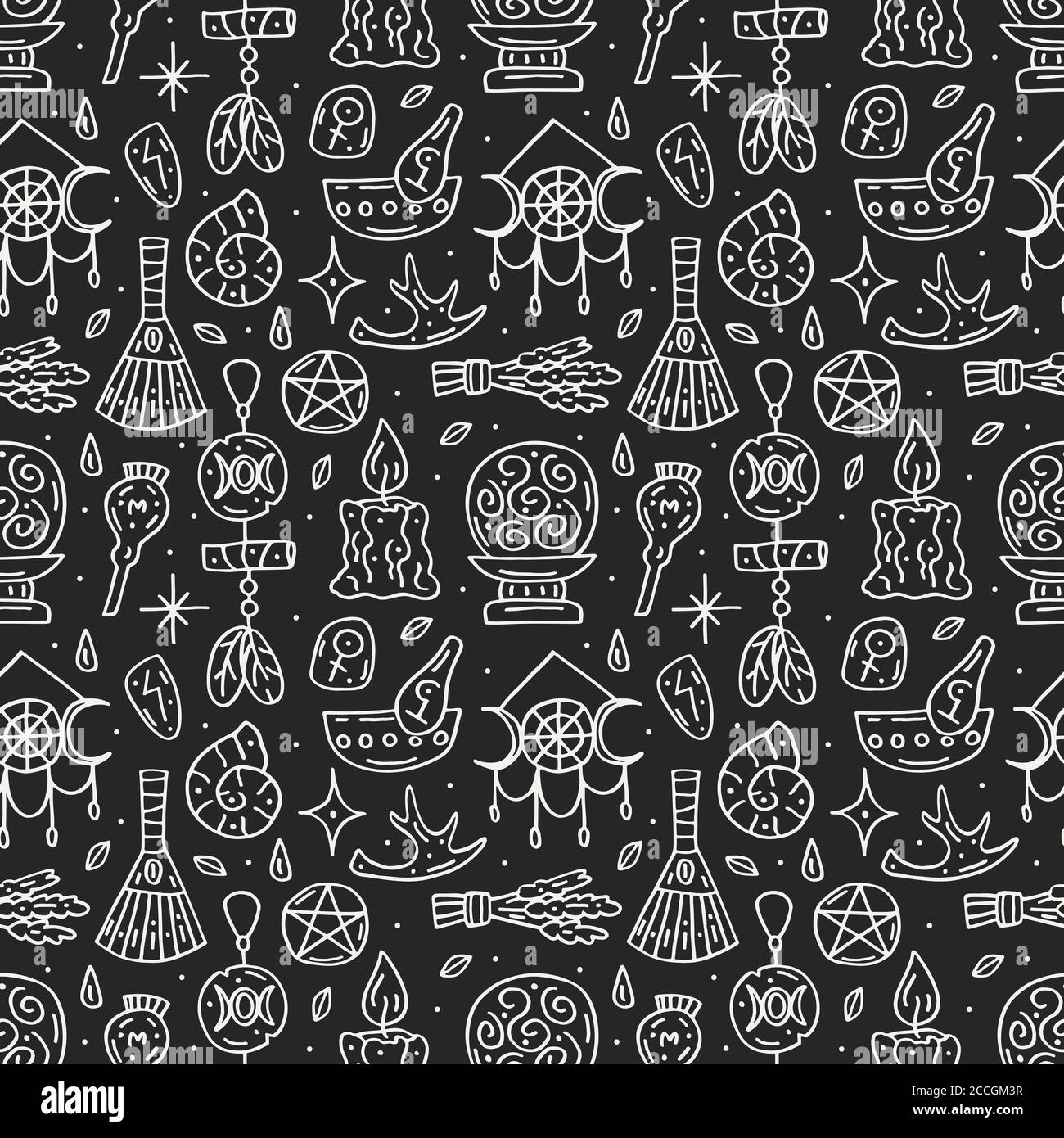 Witchcraft cute vector doodle hand drawn seamless pattern, background, texture on white background. Different magic tools, equipment. Alchemistry, tal Stock Vector