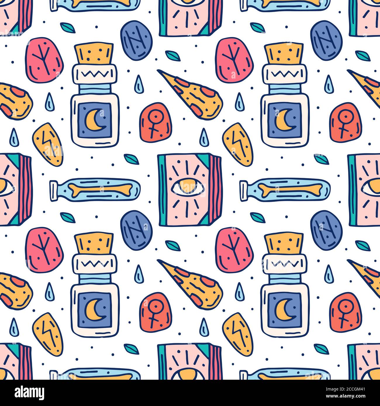 Witchcraft cute vector doodle hand drawn seamless pattern, background, texture. Isolated on white background. Different magic tools, equipment. Alchem Stock Vector