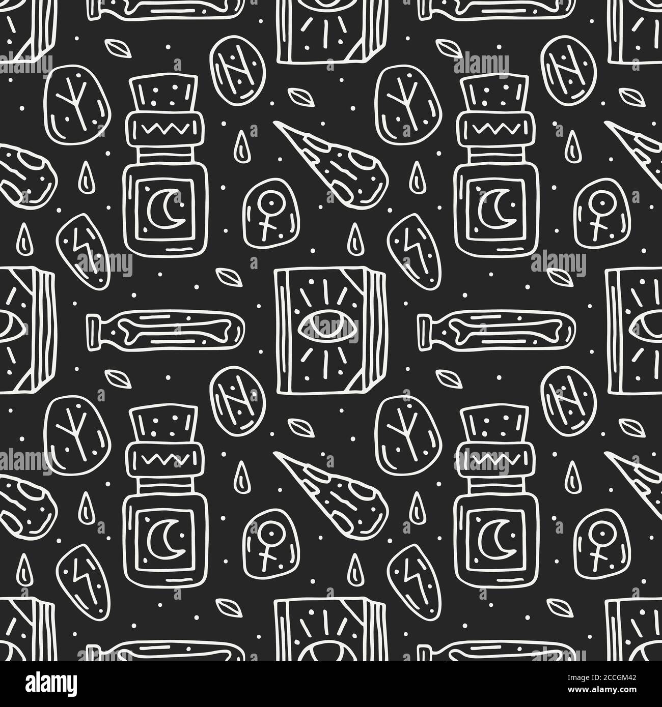 Witchcraft cute vector doodle hand drawn seamless pattern, background, texture. Isolated on dark background. Different magic tools, equipment. Alchemi Stock Vector