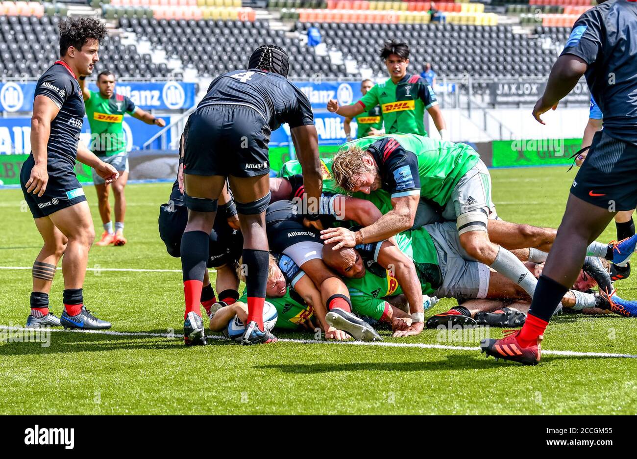 London, UK. 22nd Aug, 2020. Scott Steele of Harlequins scores Harlequins  Rugby second try of the afternoon during the Gallagher Premiership Rugby  match between Saracens and Harlequins at the Allianz Park, London,