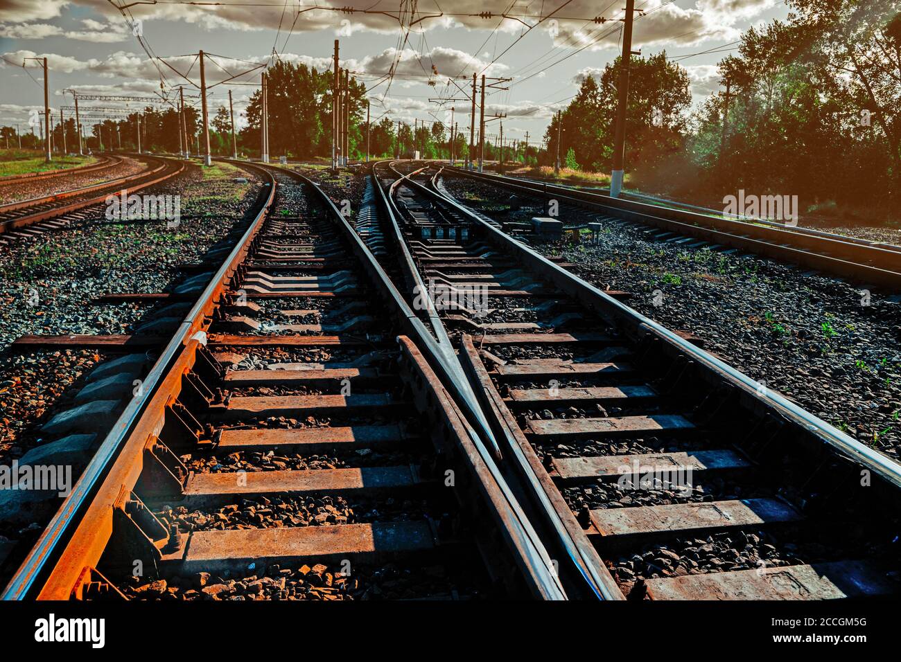 Railway intersections. Railroad leading in different directions Stock Photo