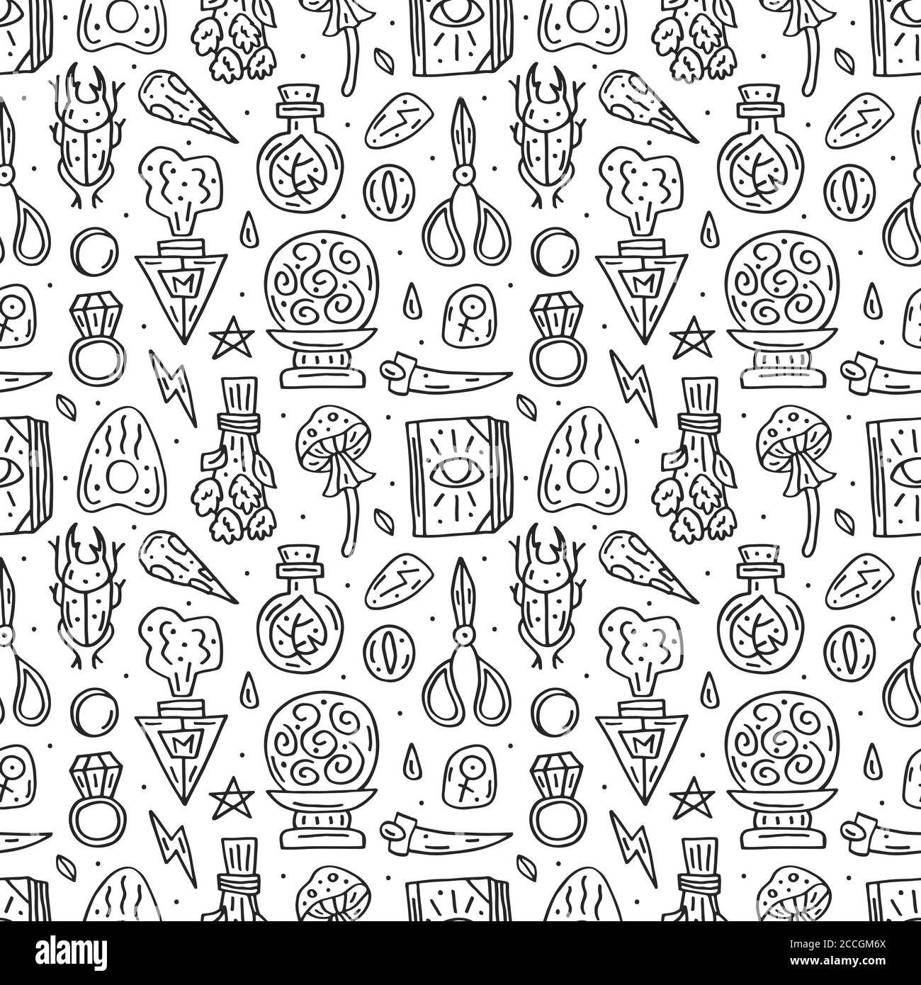 Witchcraft cute vector doodle hand drawn seamless pattern, background, texture. Isolated on white background. Different magic tools, equipment. Alchem Stock Vector