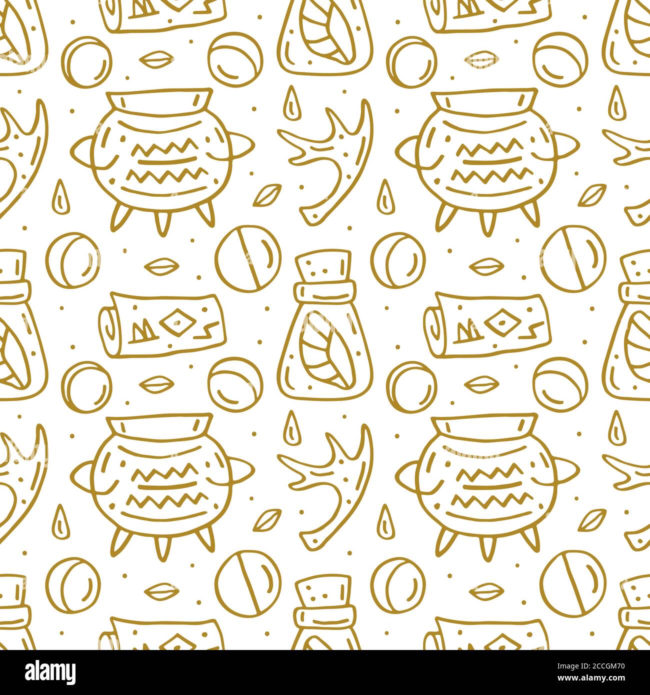 Witchcraft cute vector doodle hand drawn seamless pattern, background, texture. Isolated on white background. Different magic tools, equipment. Alchem Stock Vector