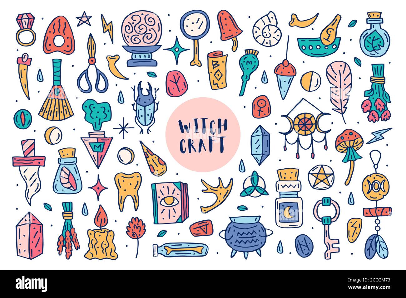 Witchcraft cute vector doodle hand drawn big clip art, set of design  elements, icons, stickers. Colorful design. Isolated on white background.  Differe Stock Vector Image & Art - Alamy