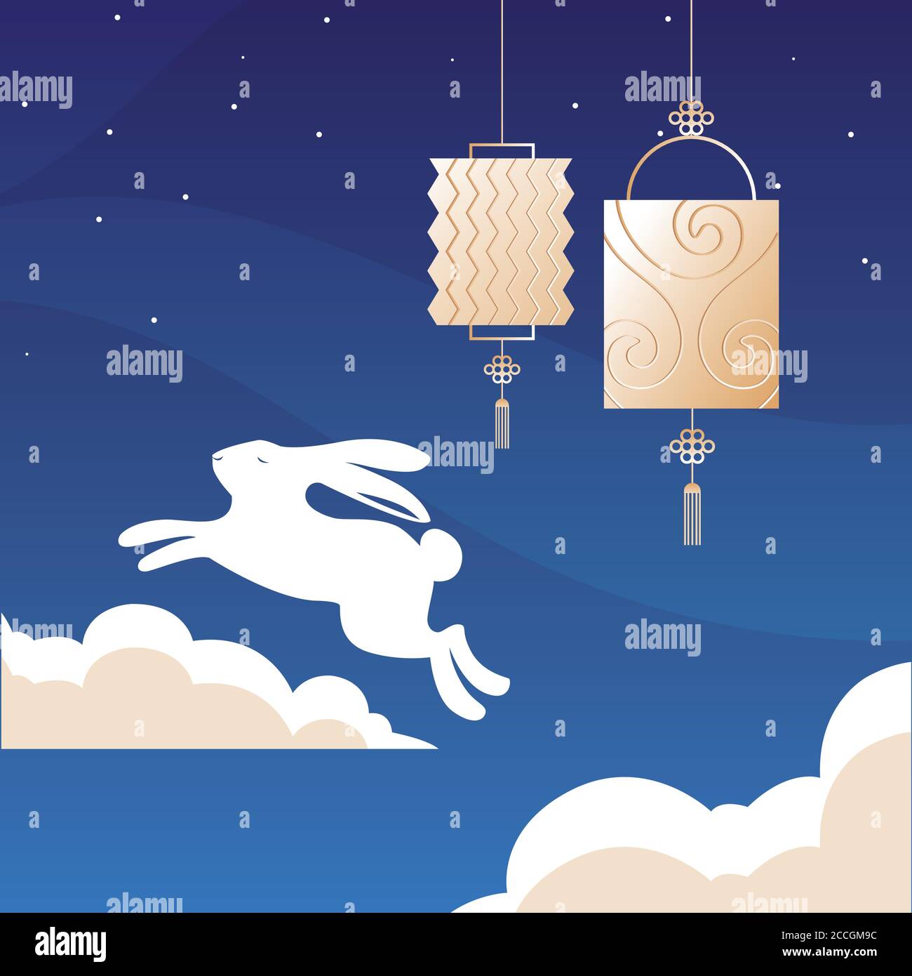 rabbit with clouds and lanterns design, Happy mid autumn harvest ...