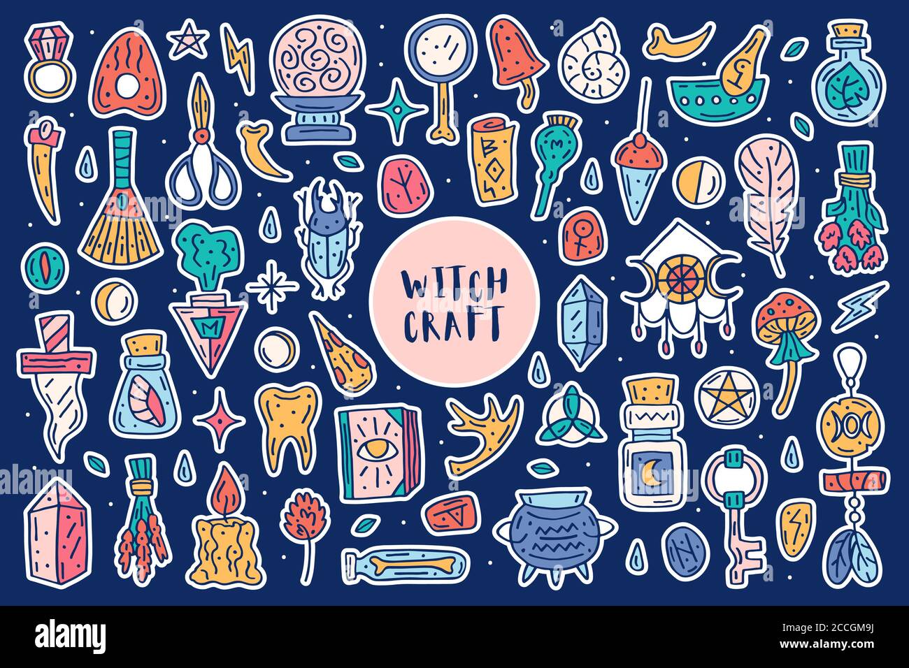 Witchcraft cute vector doodle hand drawn big clip art, set of design elements, icons, stickers. Colorful design. Isolated on white background. Differe Stock Vector