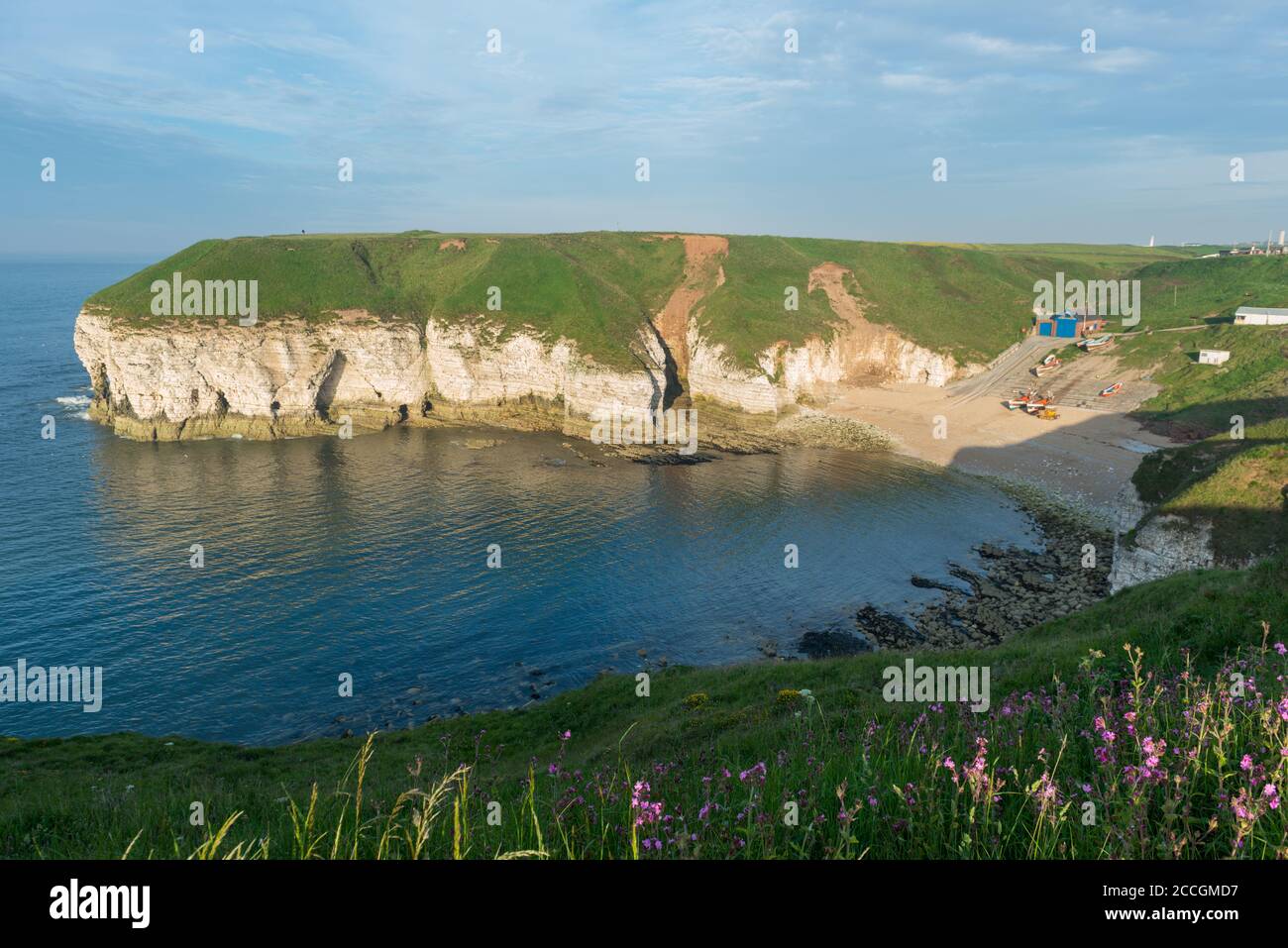 Sunny view of chalk cliffs and the beach at North Landing, Flamborough