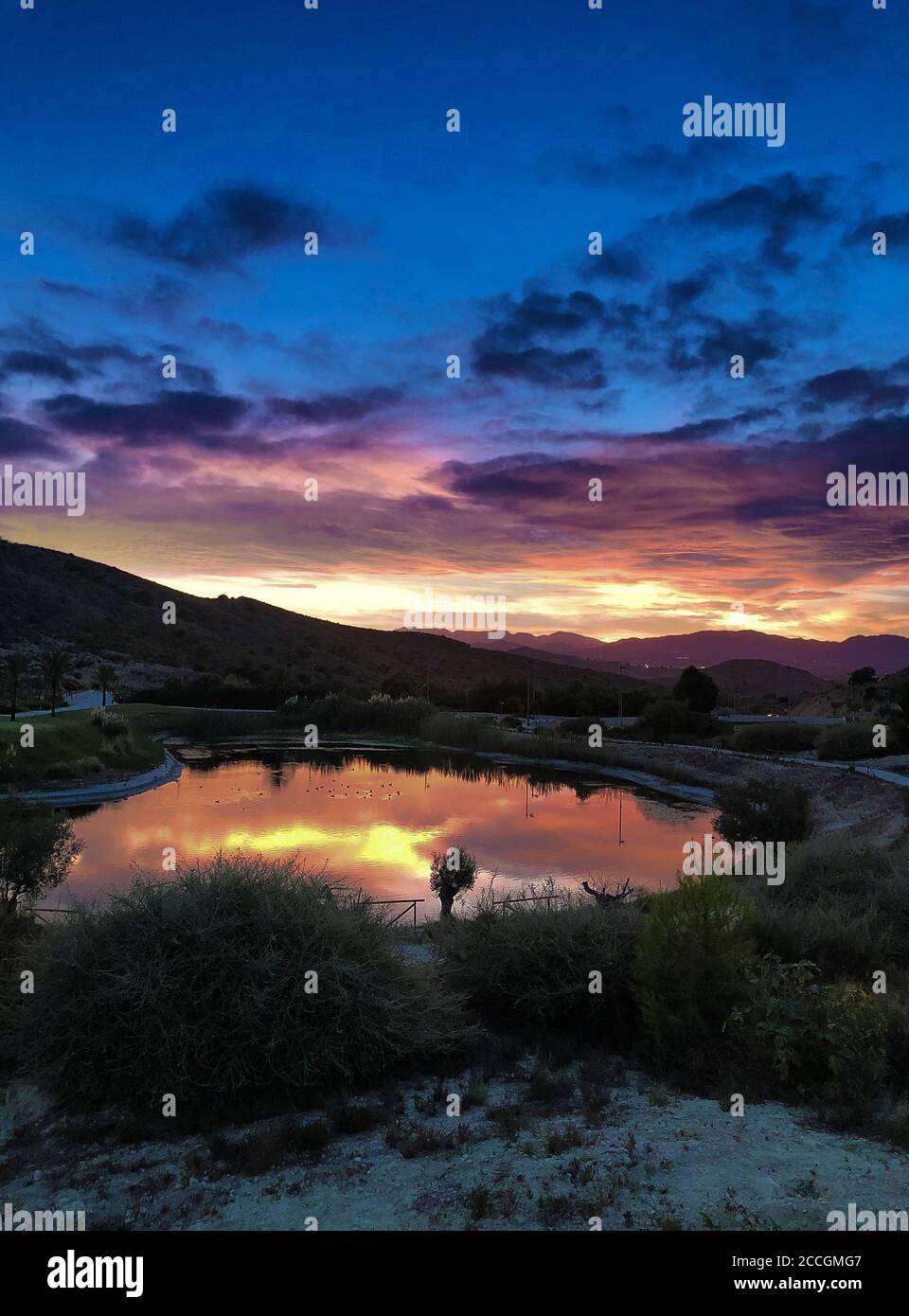 Sunset in the mountains of Monforte del Cid, in the province of Alicante in Spain. Stock Photo