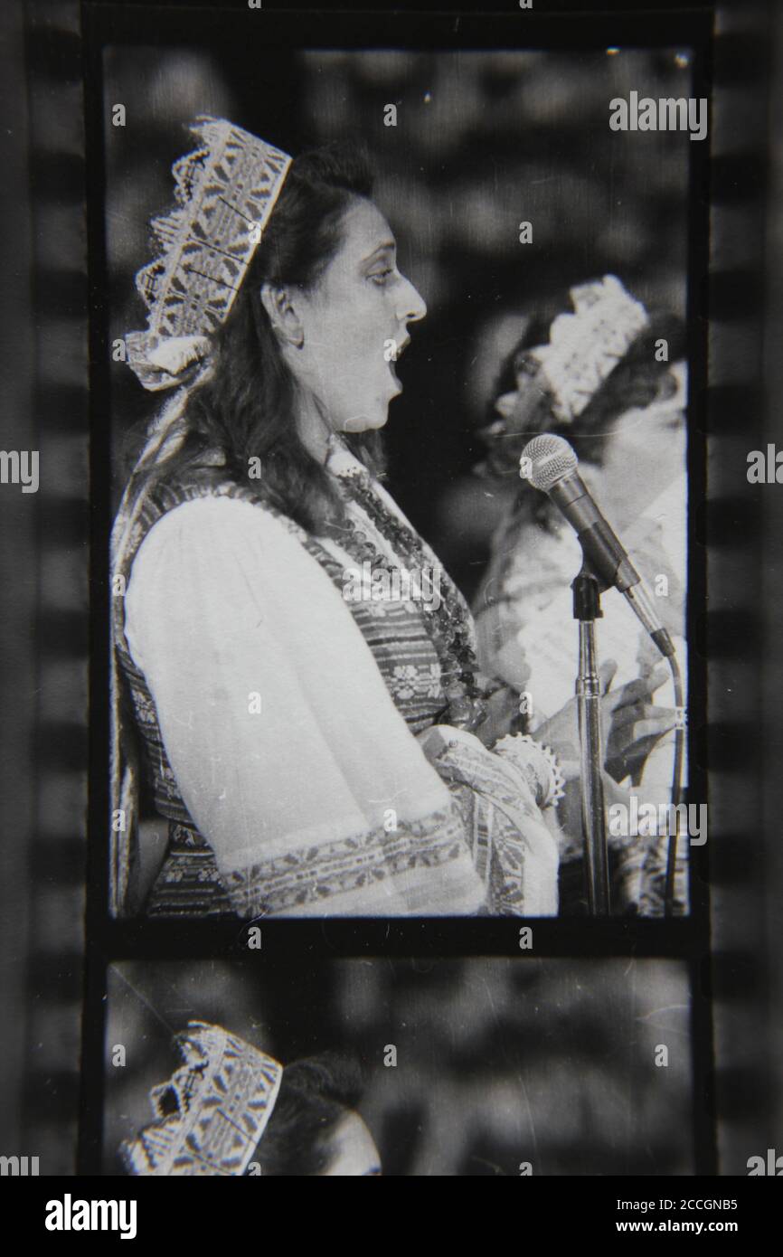 Fine 1970s vintage black and white photography of an Eastern European ethnic folk dance festival and celebration of ethnic pride. Stock Photo